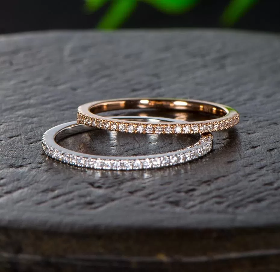 10k or 14k White or Rose Gold Moissanite Half Eternity Rings 0.1ct