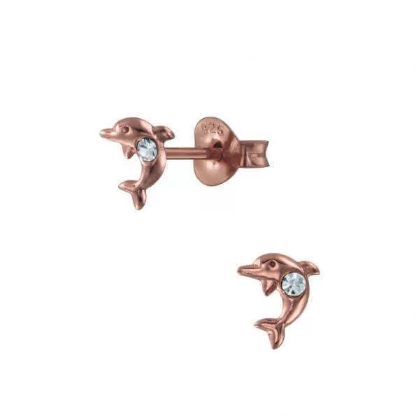 14k Rose Gold Plated Sterling Silver Dolphins with CZ Baby Children Earrings