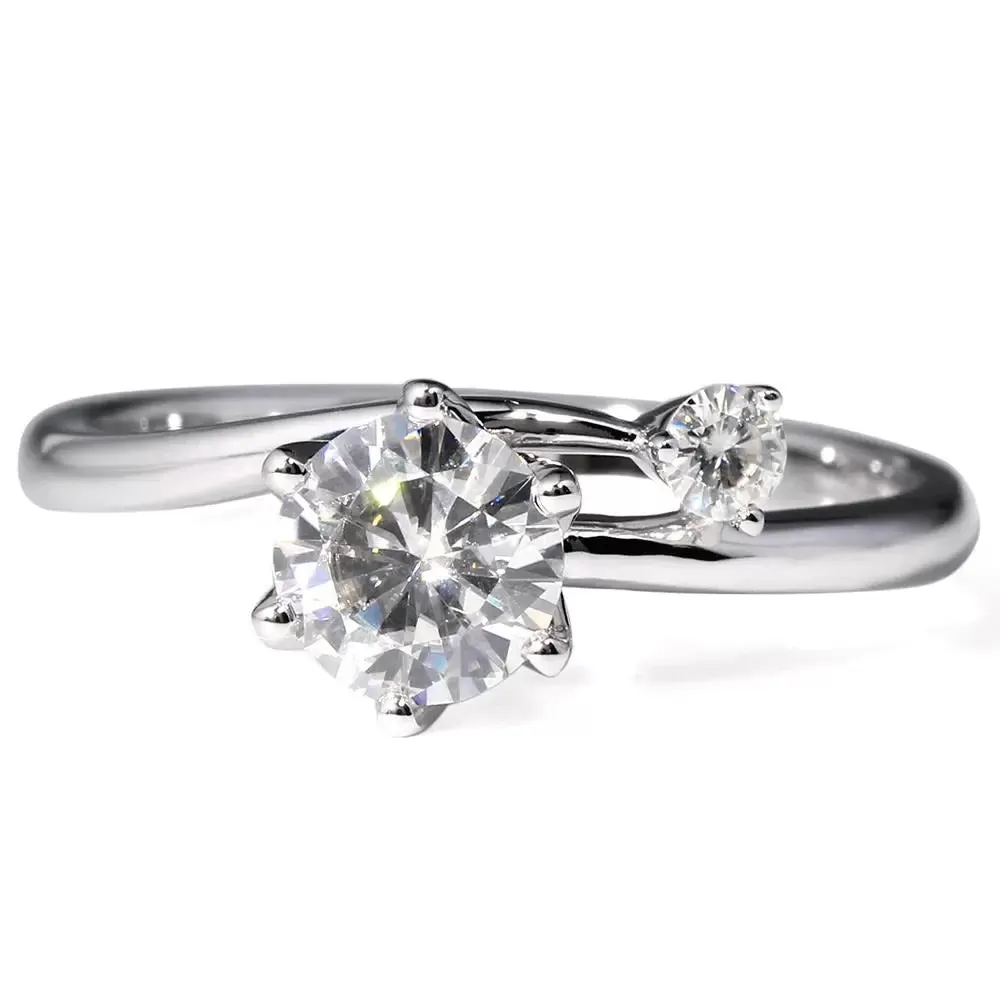 14k White Gold Solitaire Moissanite 2 Stone Ring 1ct Main Stone