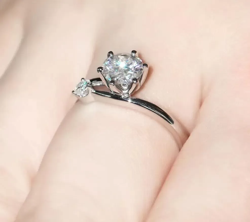 14k White Gold Solitaire Moissanite 2 Stone Ring 1ct Main Stone