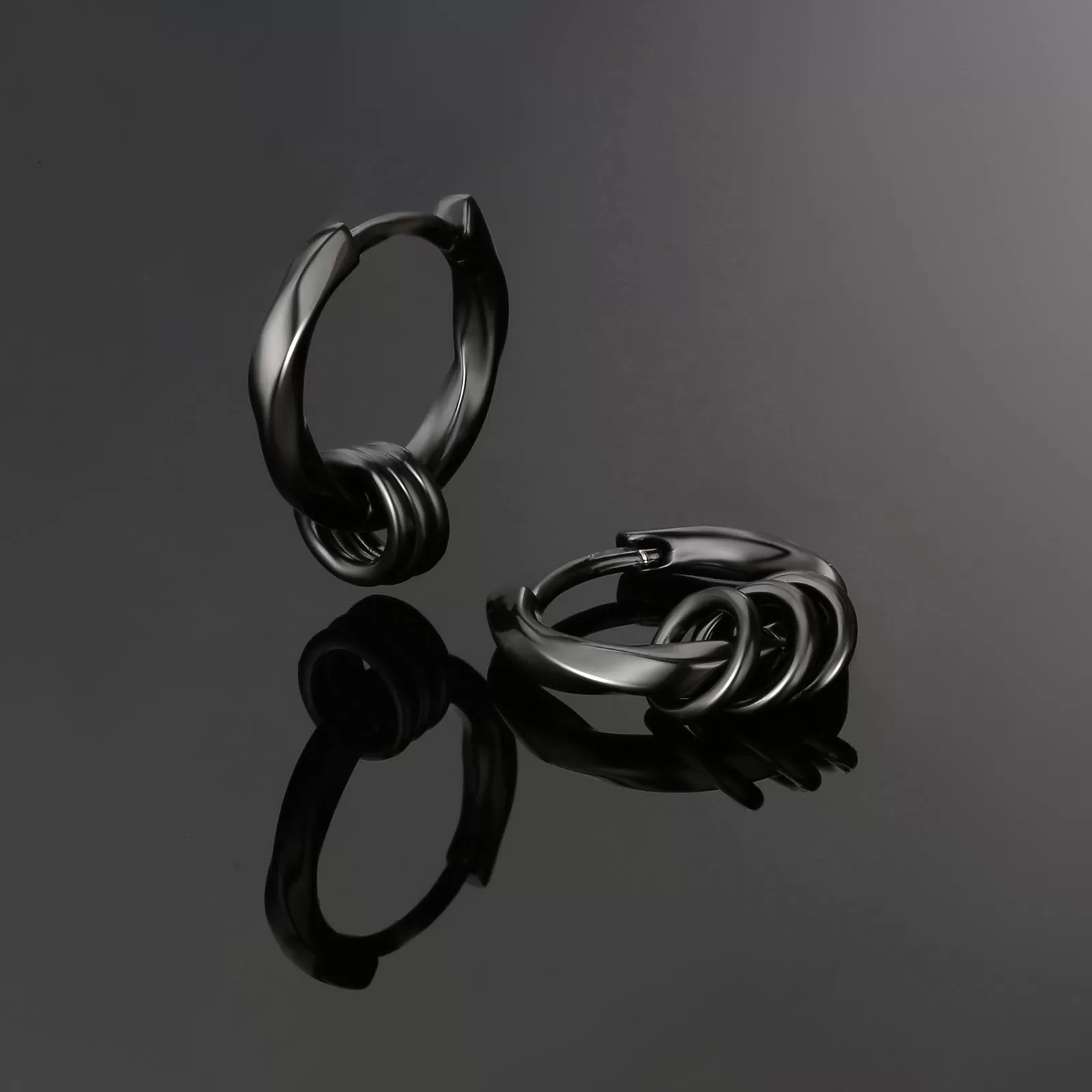 15mm 2in1 Black Mens Hoop Earring Twisted with Detachable Rings 925 Sterling Silver