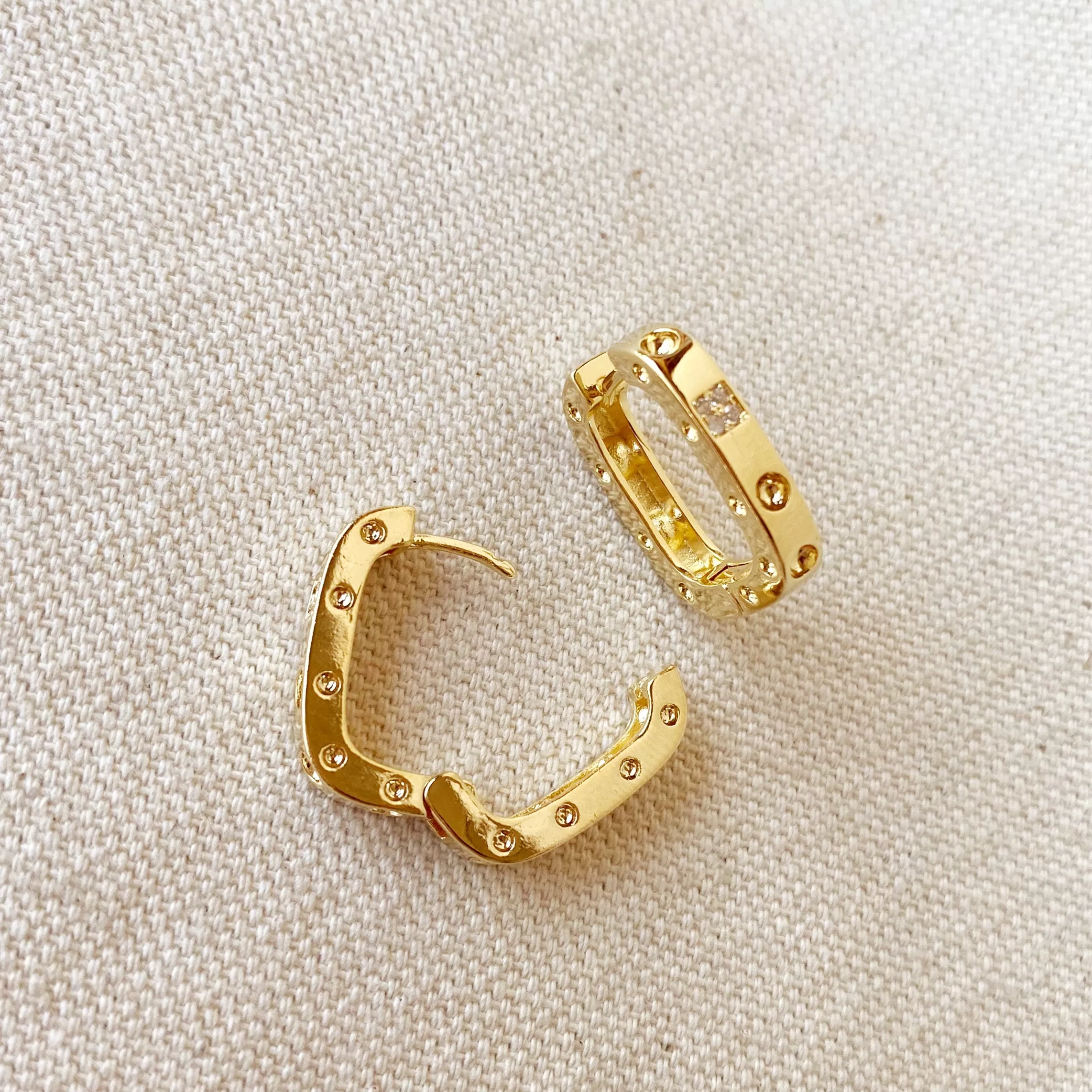 18k Gold Filled Medium Rectangular Clicker Hoop Earrings With Cubic Zirconia Detail