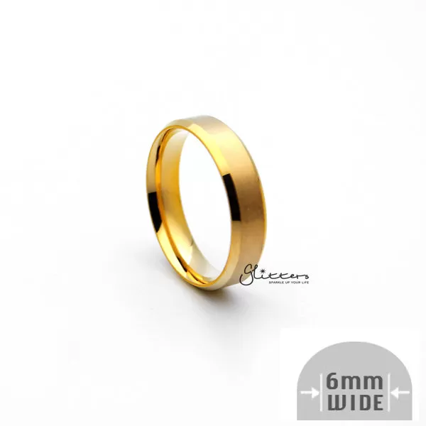 18K Gold Ion-Plated Stainless Steel 6mm Wide Beveled Edge Band Rings