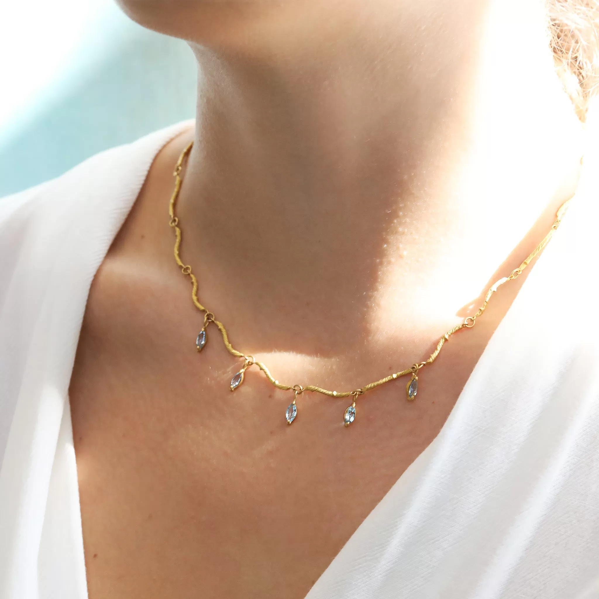 22K Gold Twig Chain Necklace with Aquamarine Marquise Drops