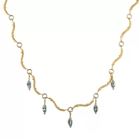 22K Gold Twig Chain Necklace with Aquamarine Marquise Drops