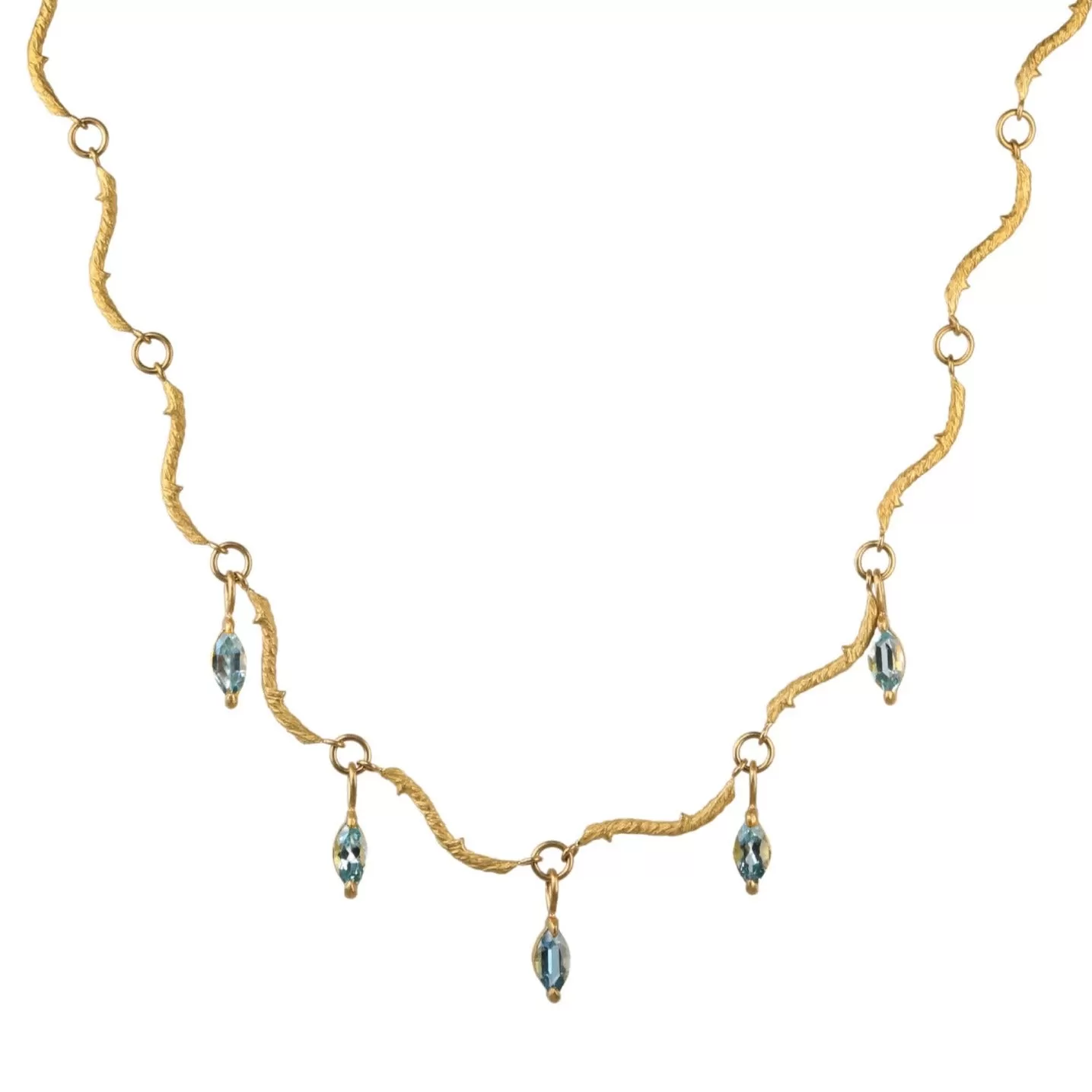 22K Gold Twig Chain Necklace with Aquamarine Marquise Drops