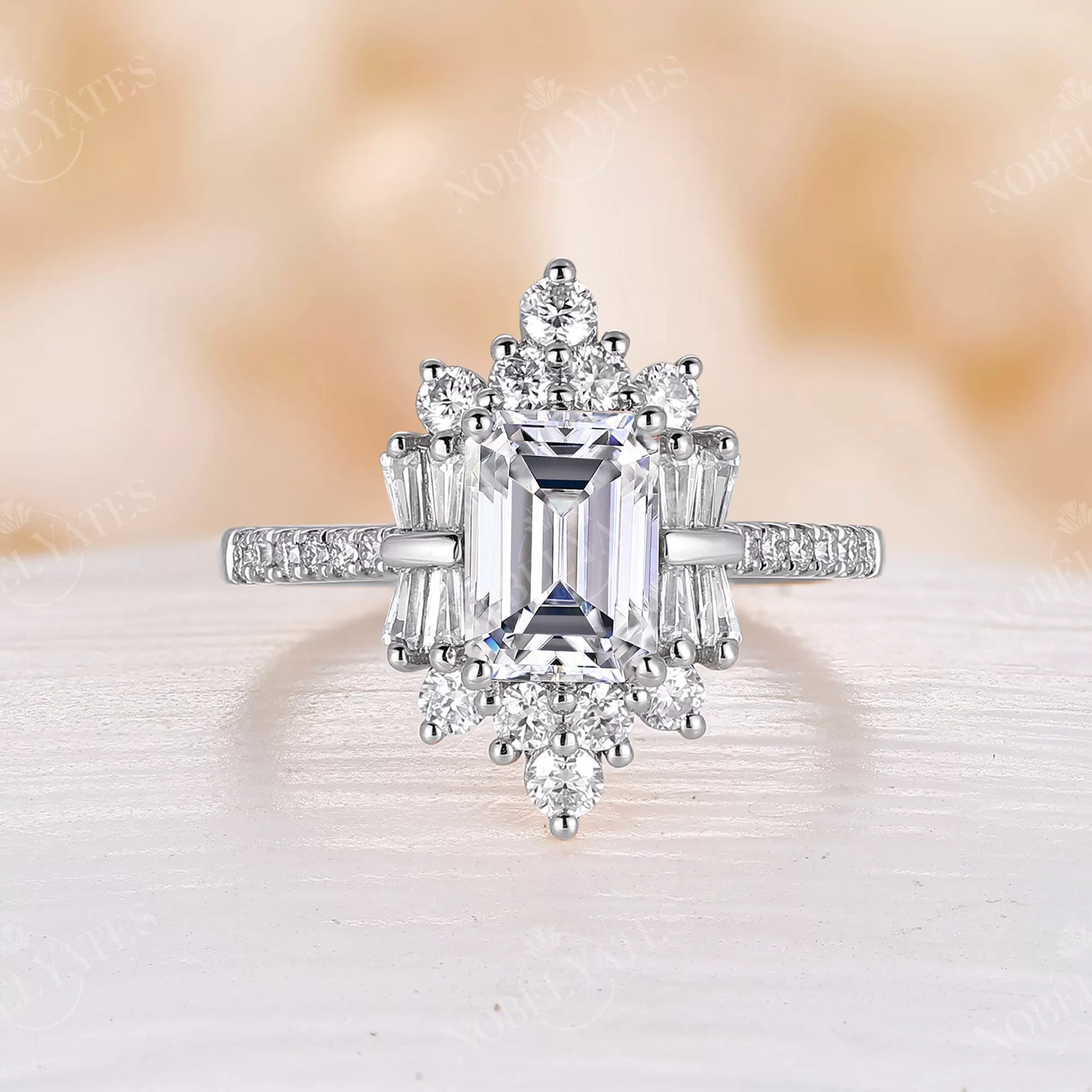 Art Deco Emerald Cut Moissanite Cluster & Pave Engagement Ring Rose Gold