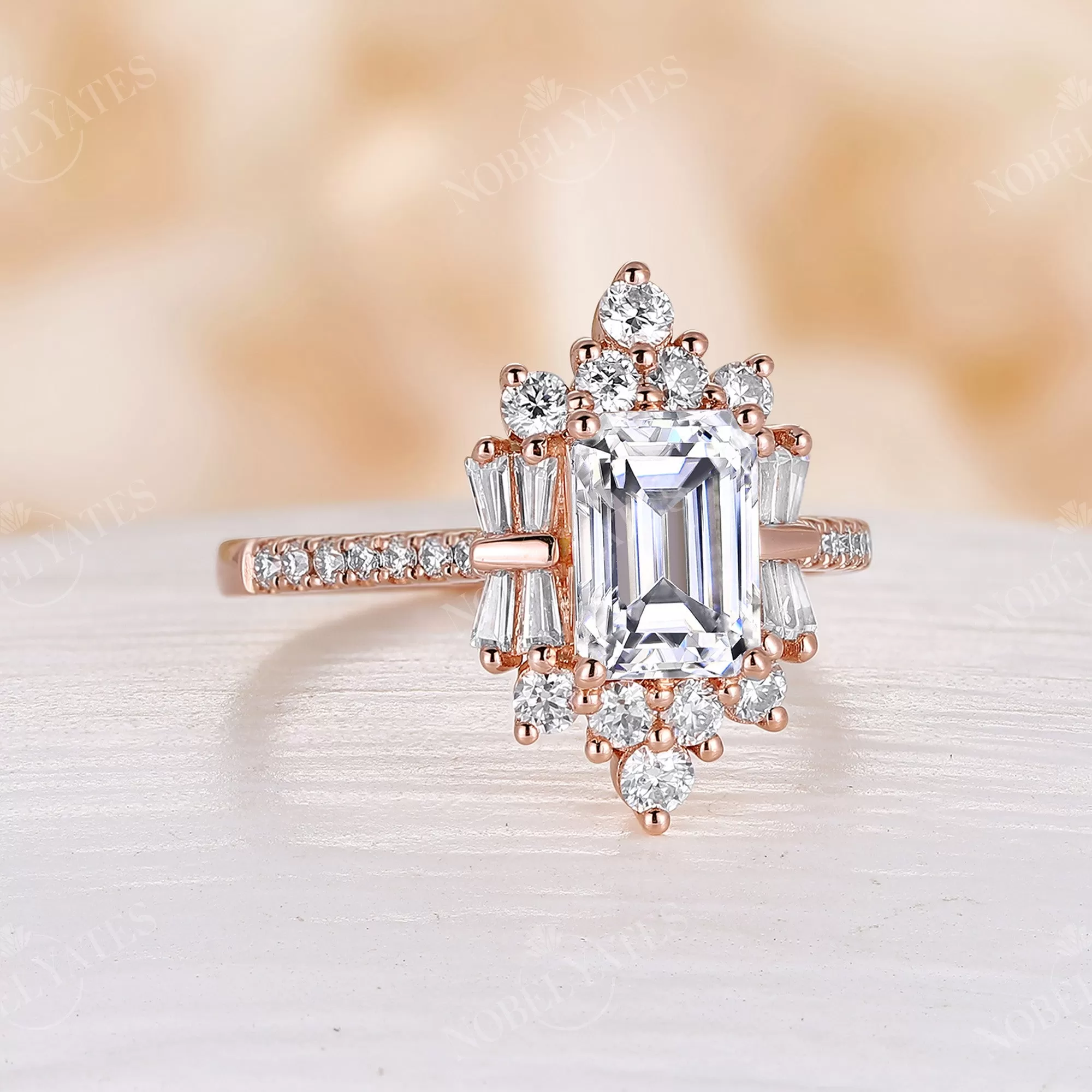 Art Deco Emerald Cut Moissanite Cluster & Pave Engagement Ring Rose Gold