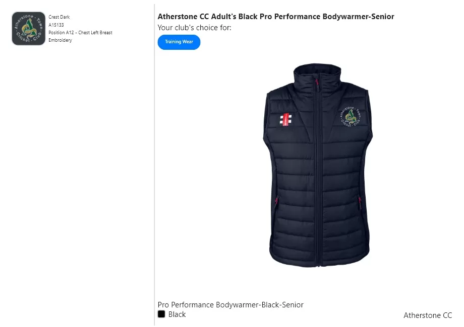 Atherstone CC Adult's Black Pro Performance Bodywarmer-Senior