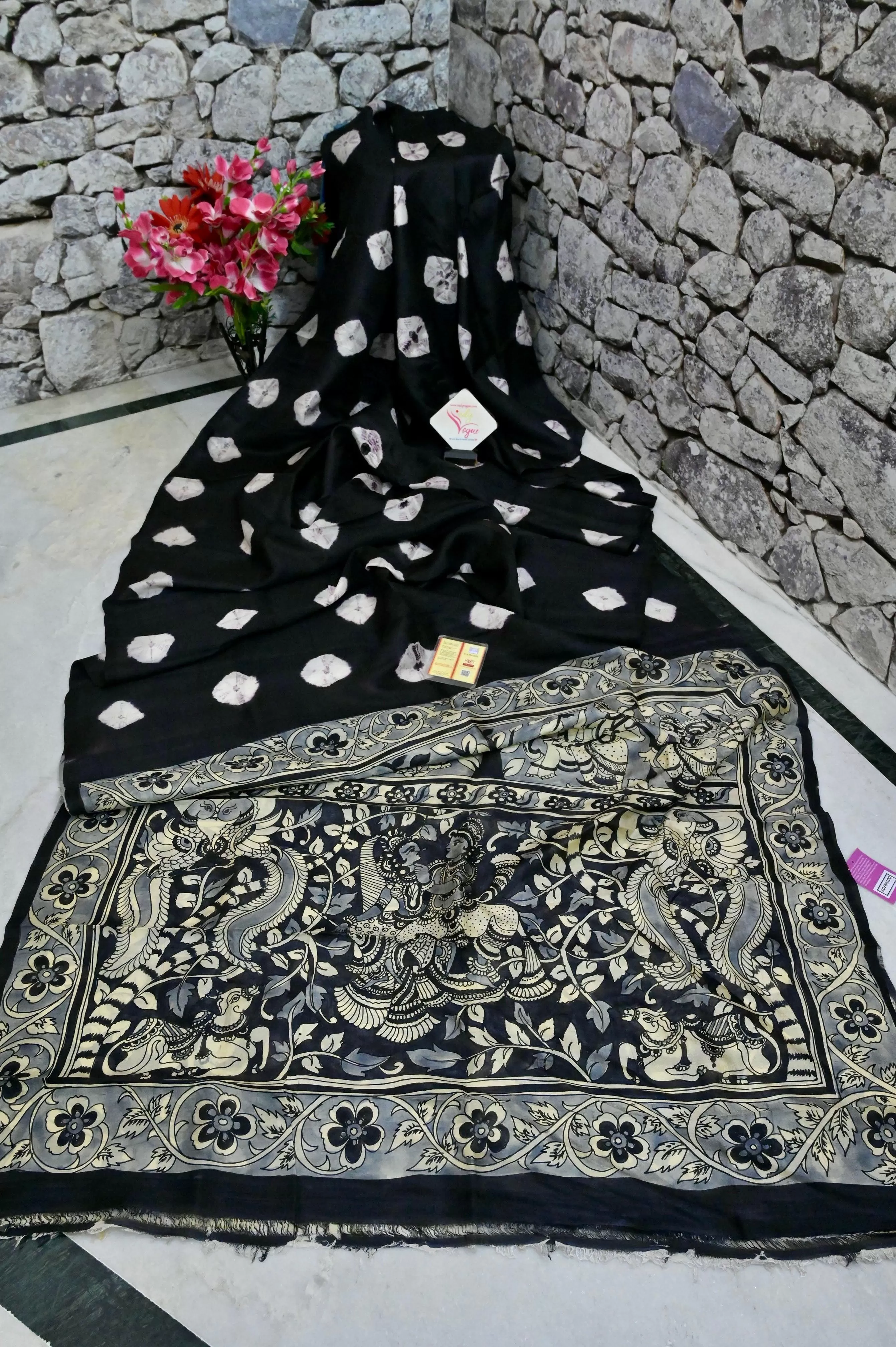 Black Color Pure Bishnupur Silk with Kalamkari Hand Paint and Hand Shibhori Tie-Dye Work