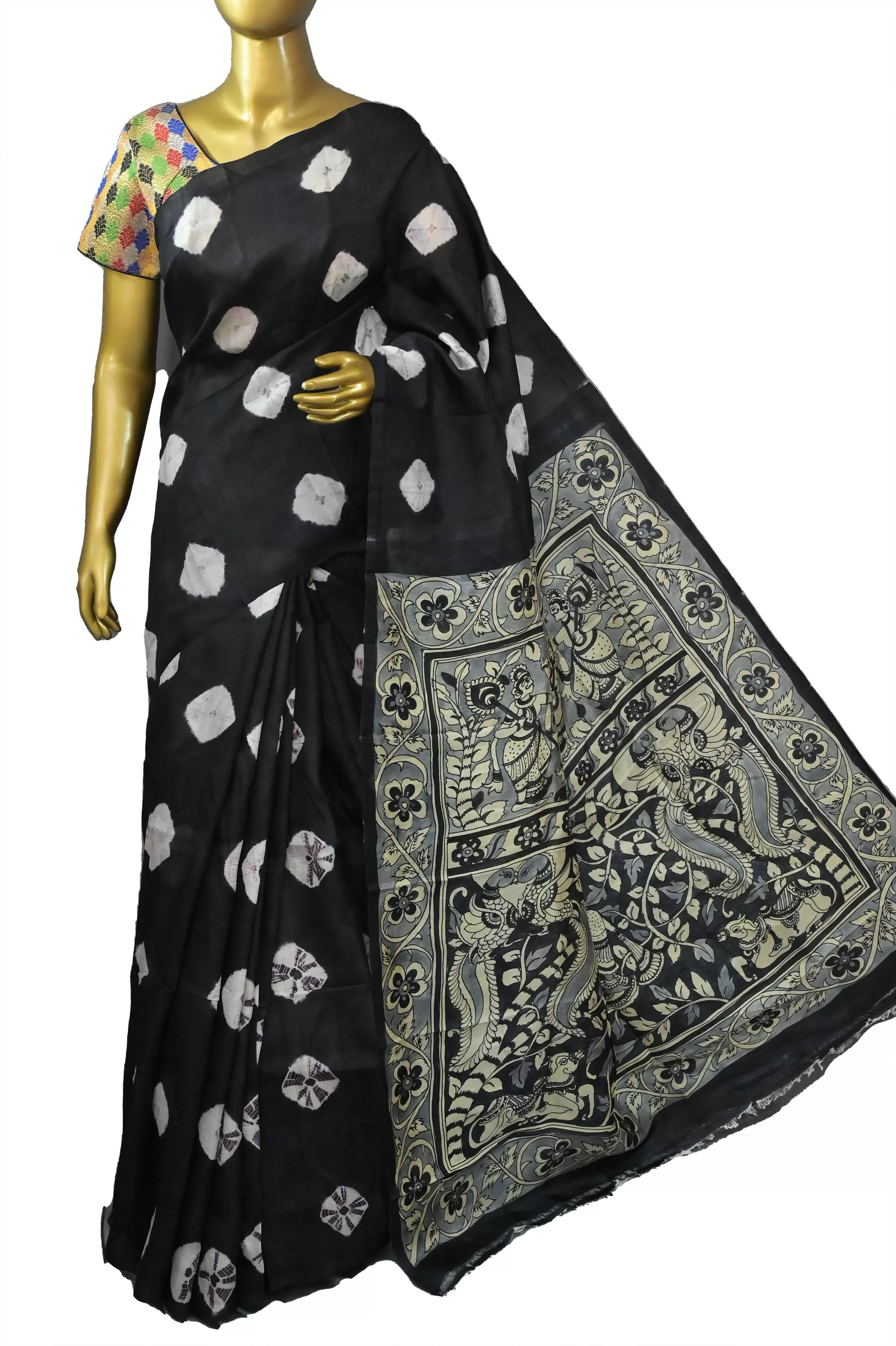 Black Color Pure Bishnupur Silk with Kalamkari Hand Paint and Hand Shibhori Tie-Dye Work