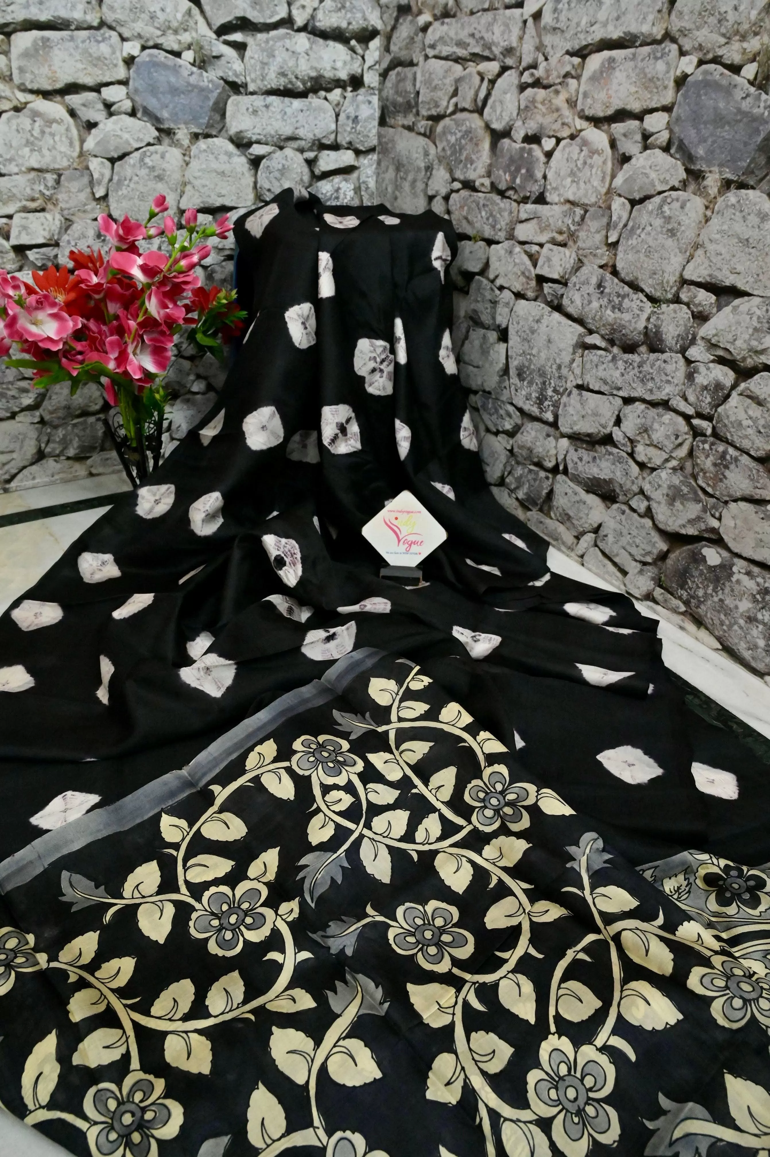 Black Color Pure Bishnupur Silk with Kalamkari Hand Paint and Hand Shibhori Tie-Dye Work