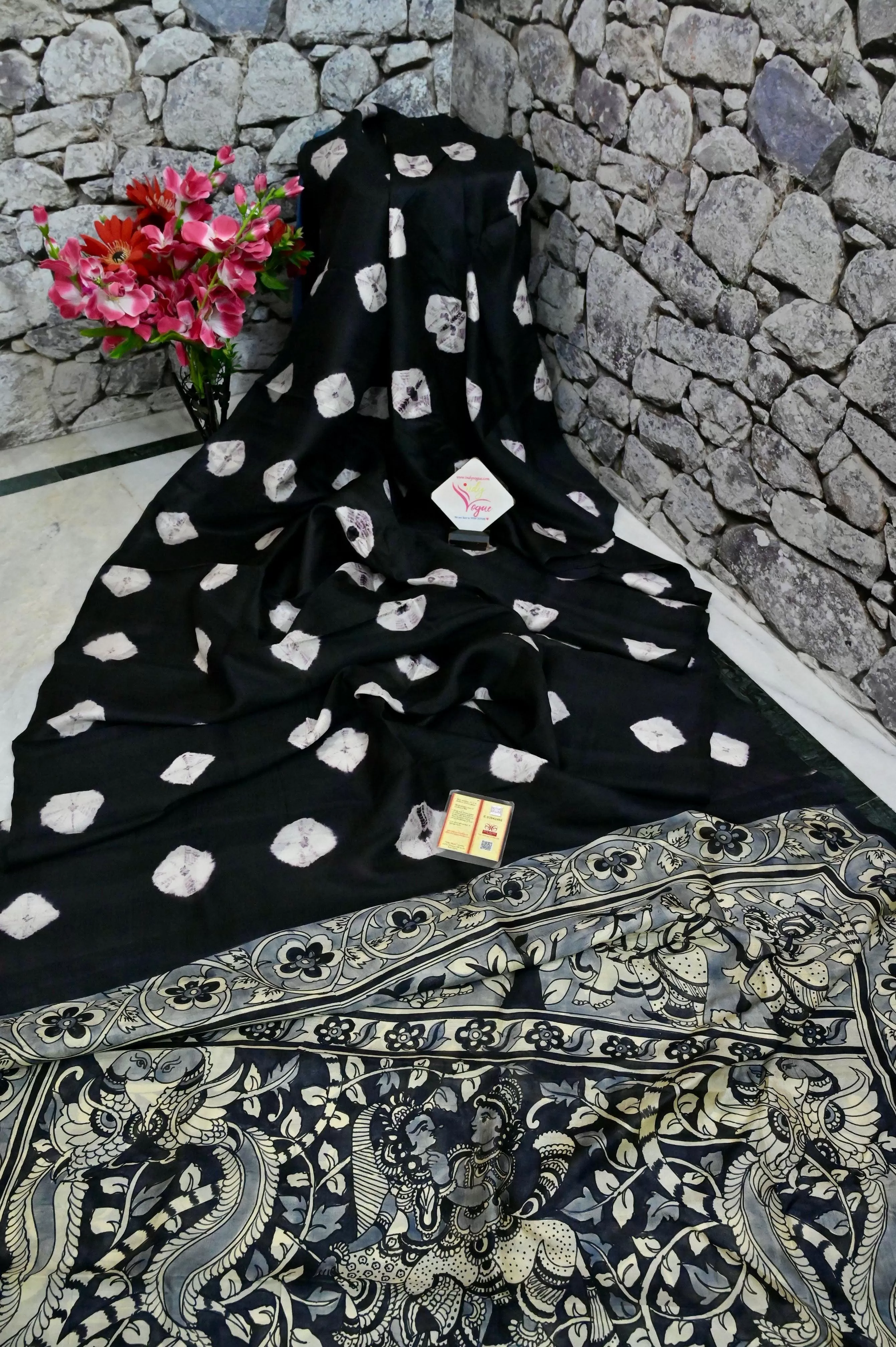 Black Color Pure Bishnupur Silk with Kalamkari Hand Paint and Hand Shibhori Tie-Dye Work