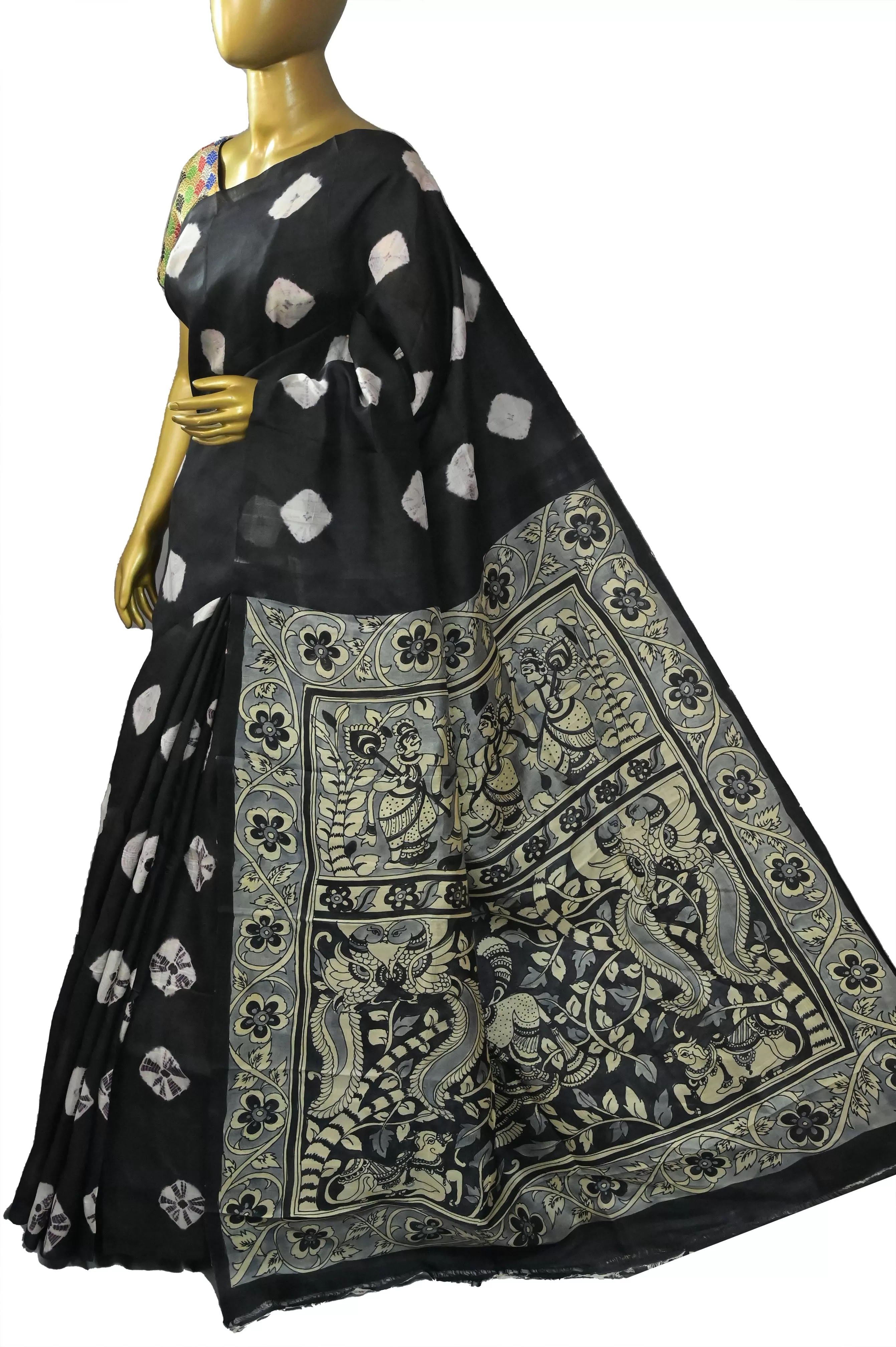 Black Color Pure Bishnupur Silk with Kalamkari Hand Paint and Hand Shibhori Tie-Dye Work