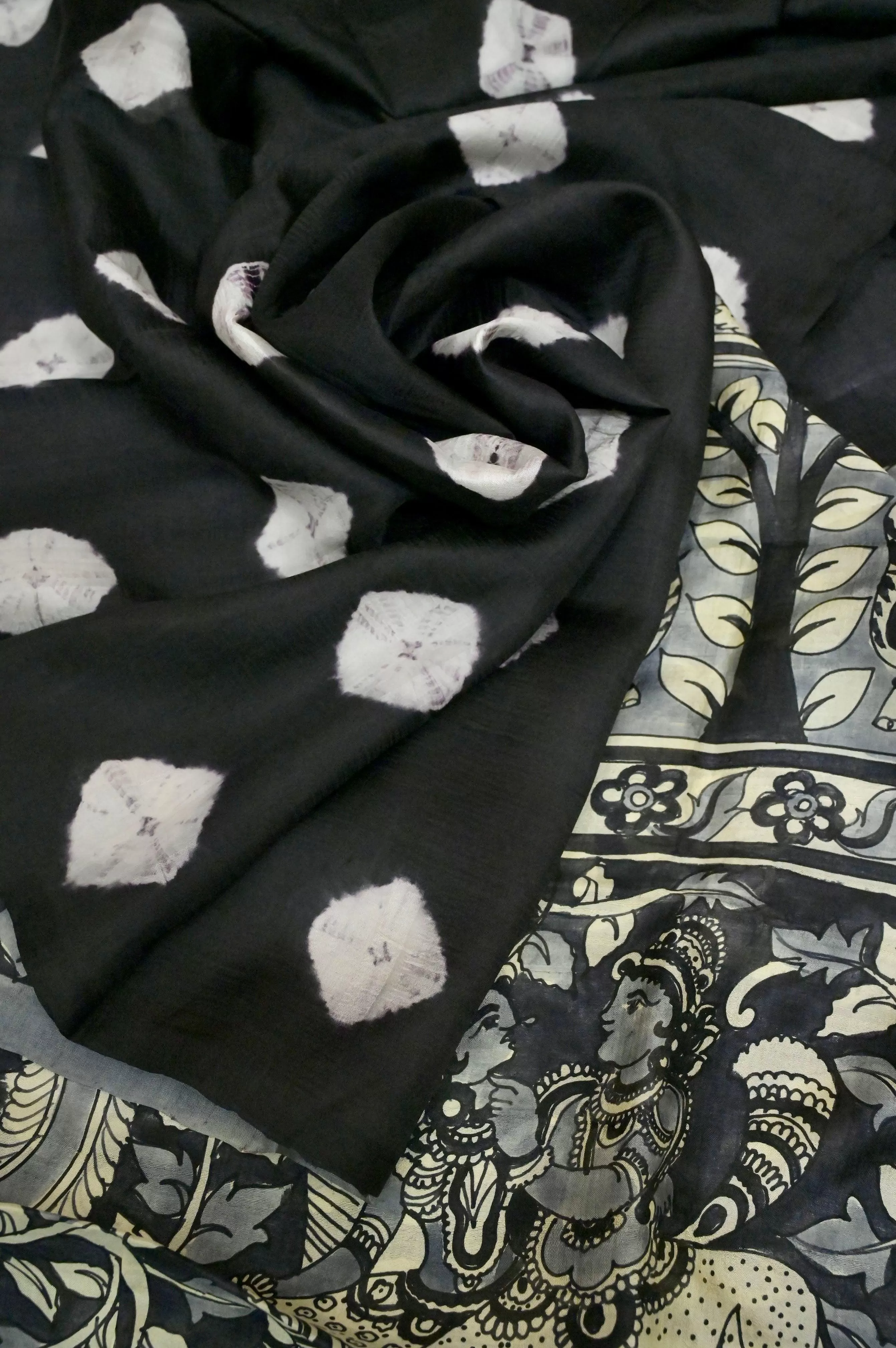 Black Color Pure Bishnupur Silk with Kalamkari Hand Paint and Hand Shibhori Tie-Dye Work