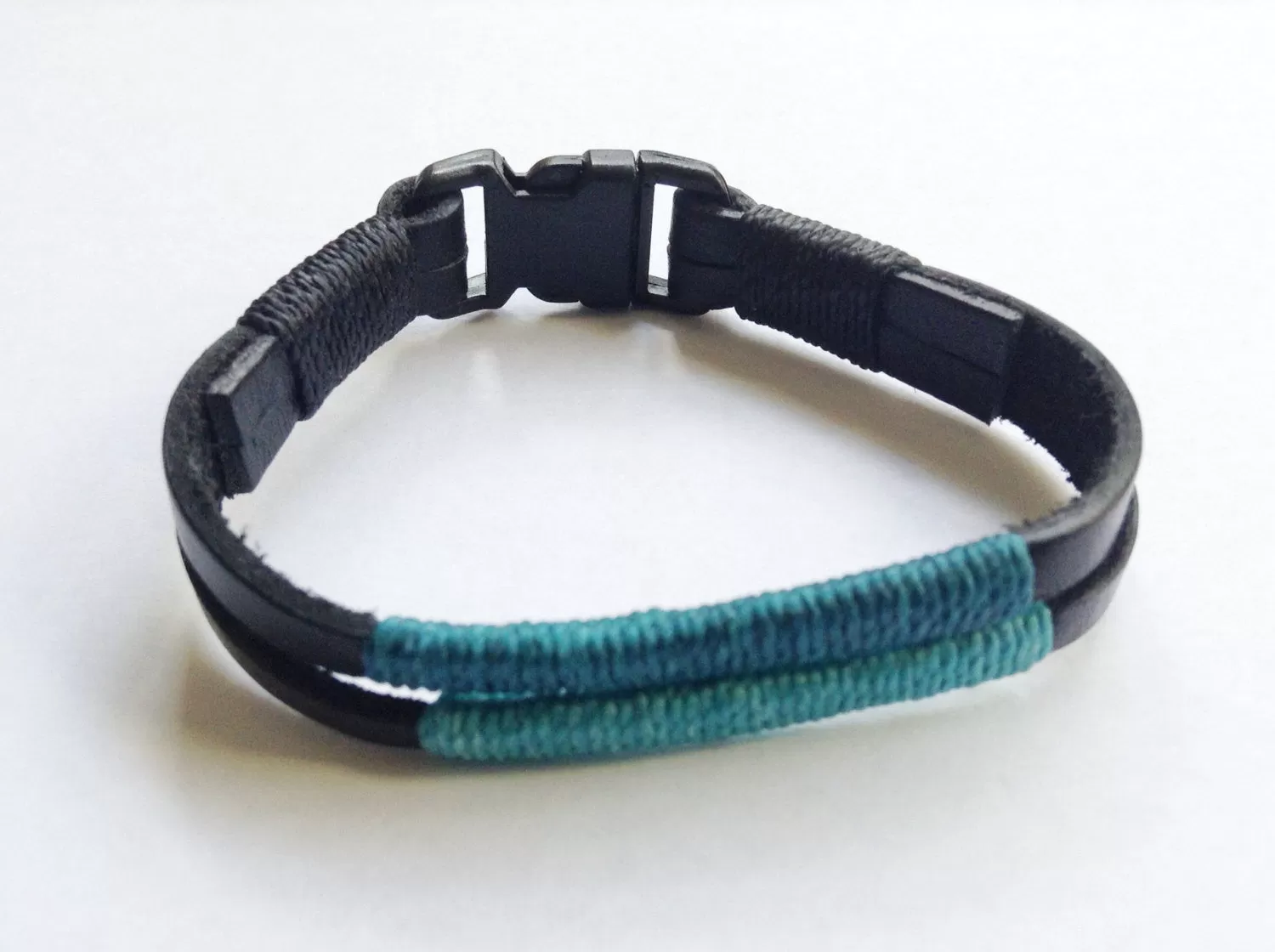 Black Leather Mens Bracelet Decorate with Turquoise Wax Nylon Cord