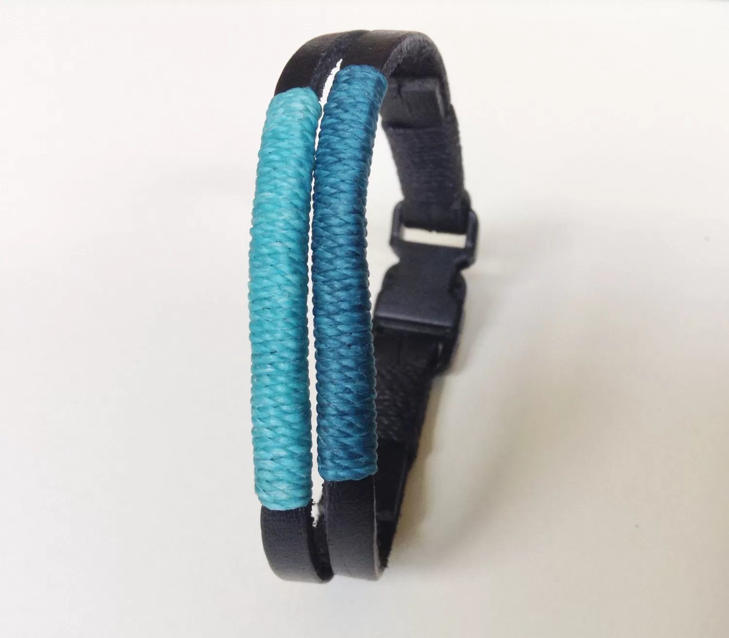 Black Leather Mens Bracelet Decorate with Turquoise Wax Nylon Cord