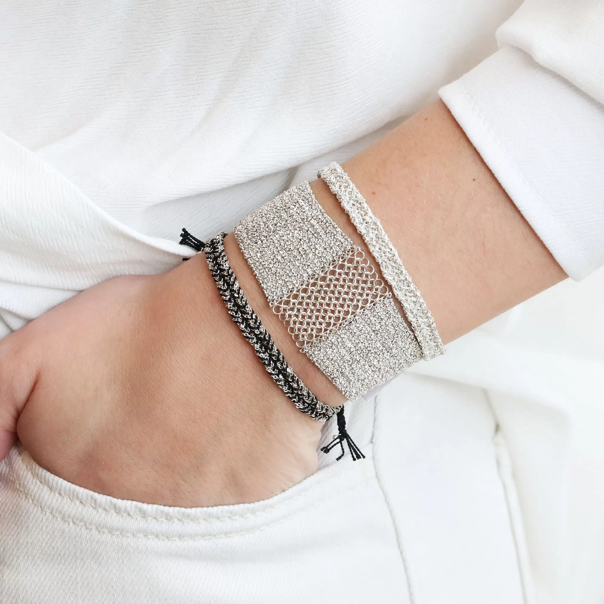 Black Silk and Silver Chain Woven Bracelet