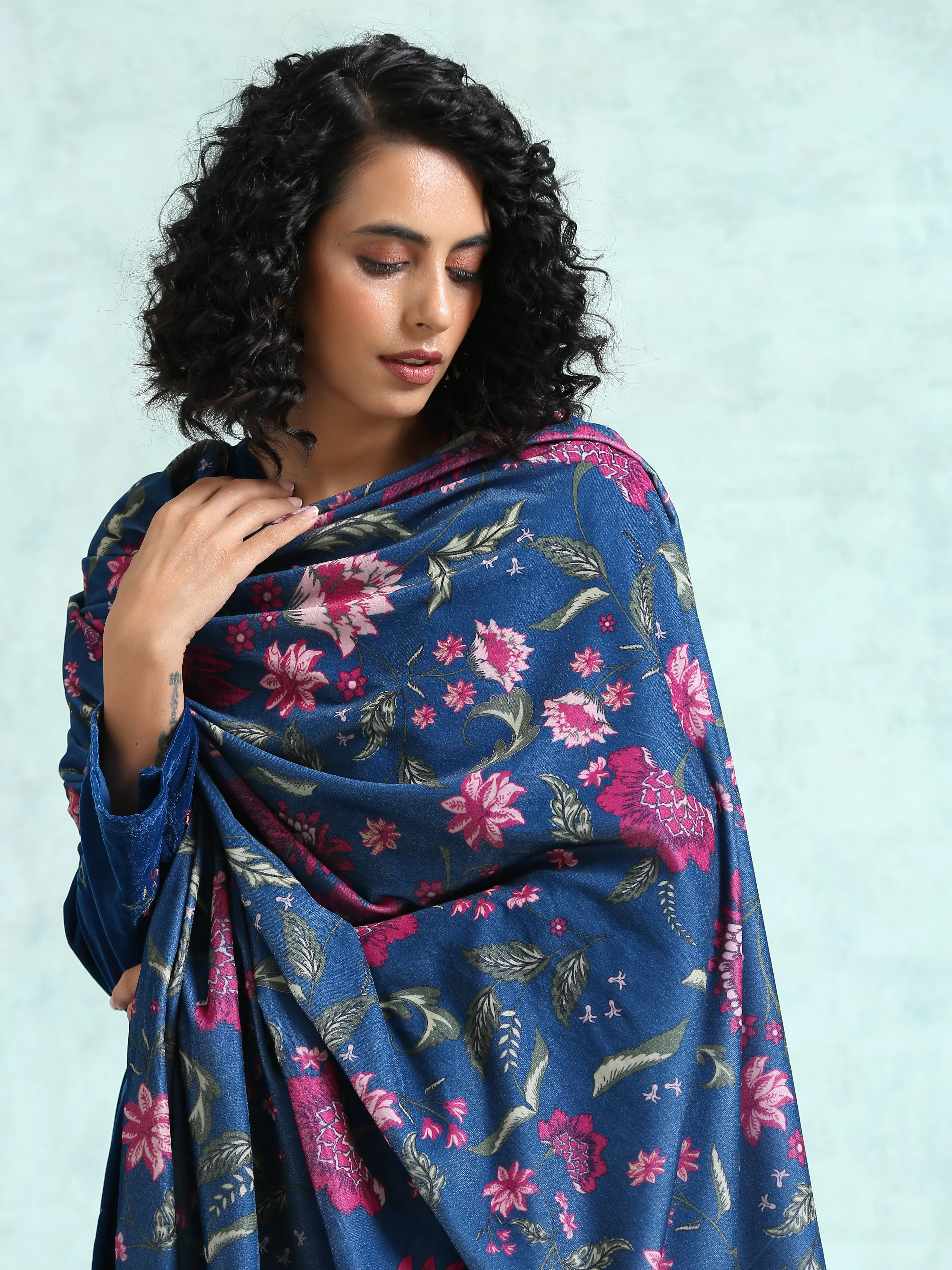 Blue Printed Velvet Shawl