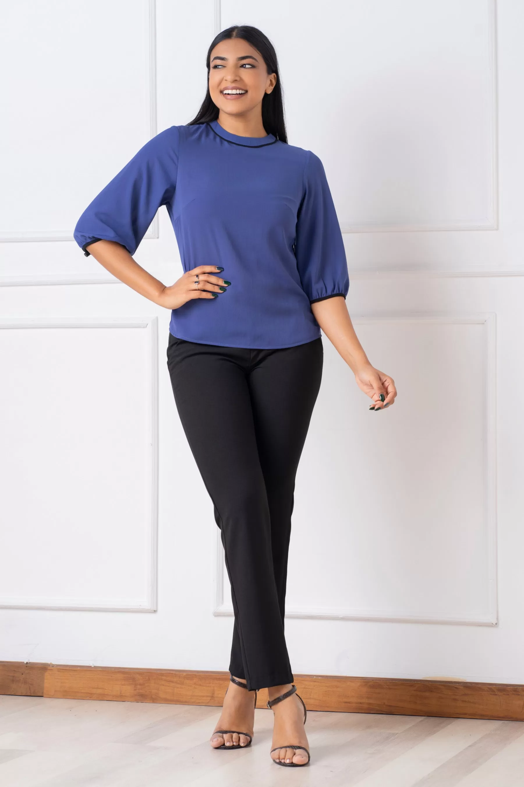 Blue Puff Sleeve Top - Slim Fit