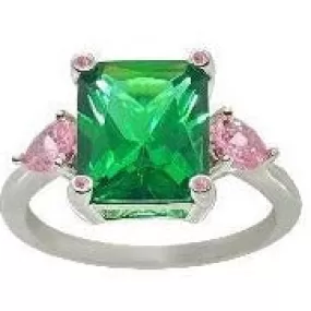 Classic Green Emerald Cut and Pink Sapphire Ring