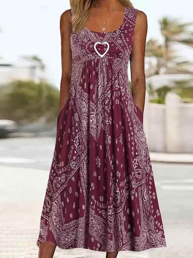 Elegant Wine Paisley Sleeveless Midi Dress with Pockets for Women