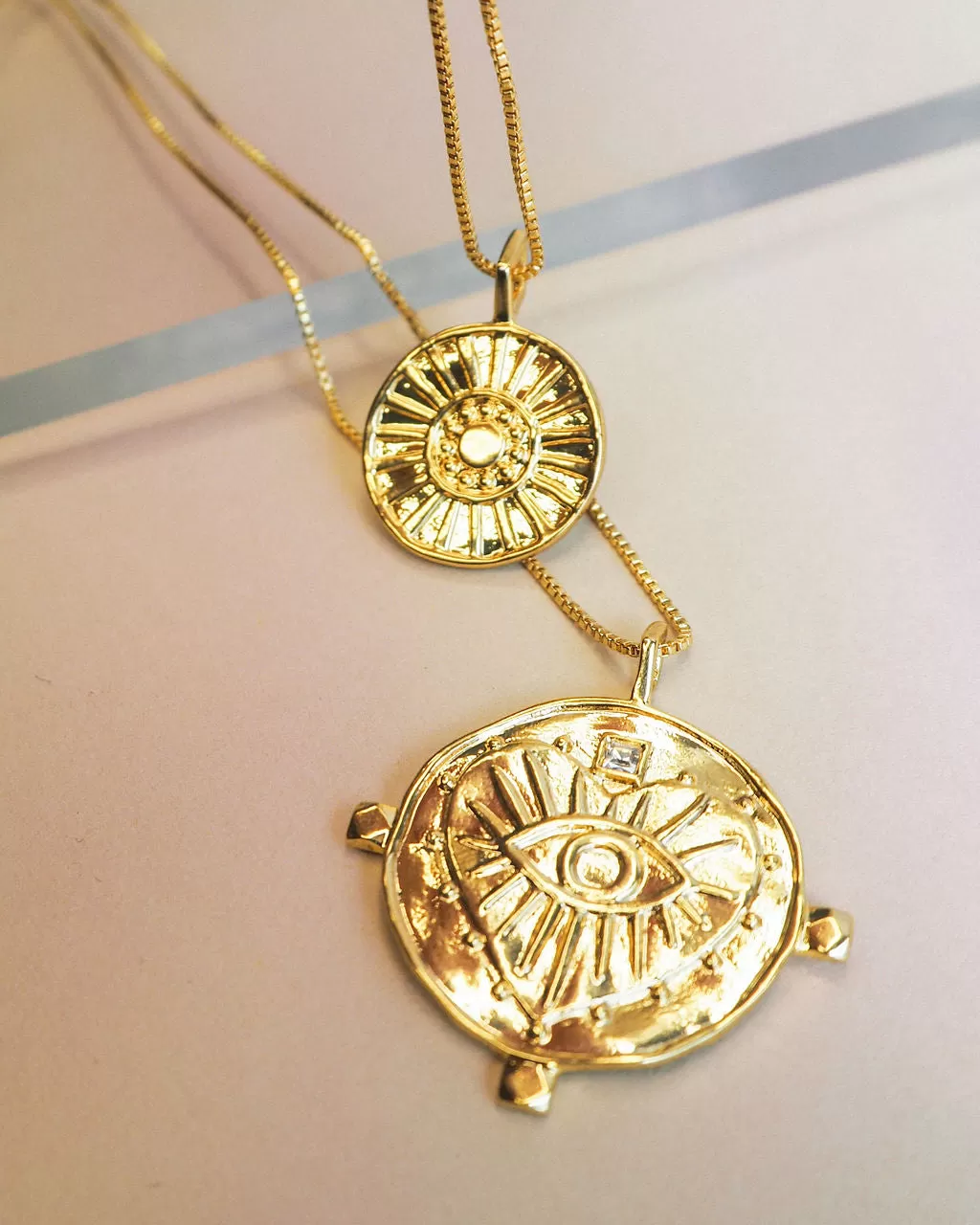 Evil Eye Double Coin Necklace- Gold