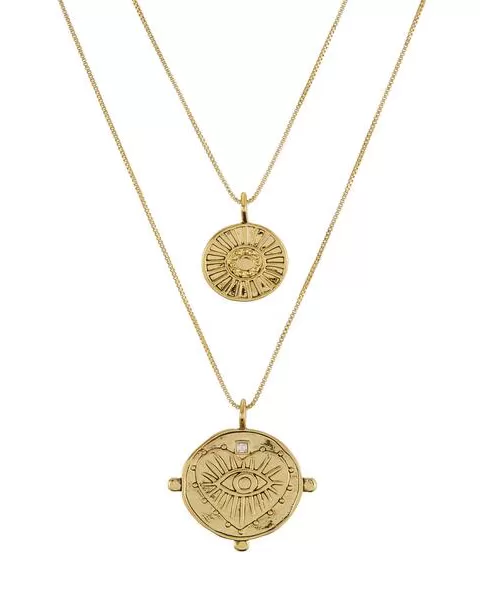 Evil Eye Double Coin Necklace- Gold