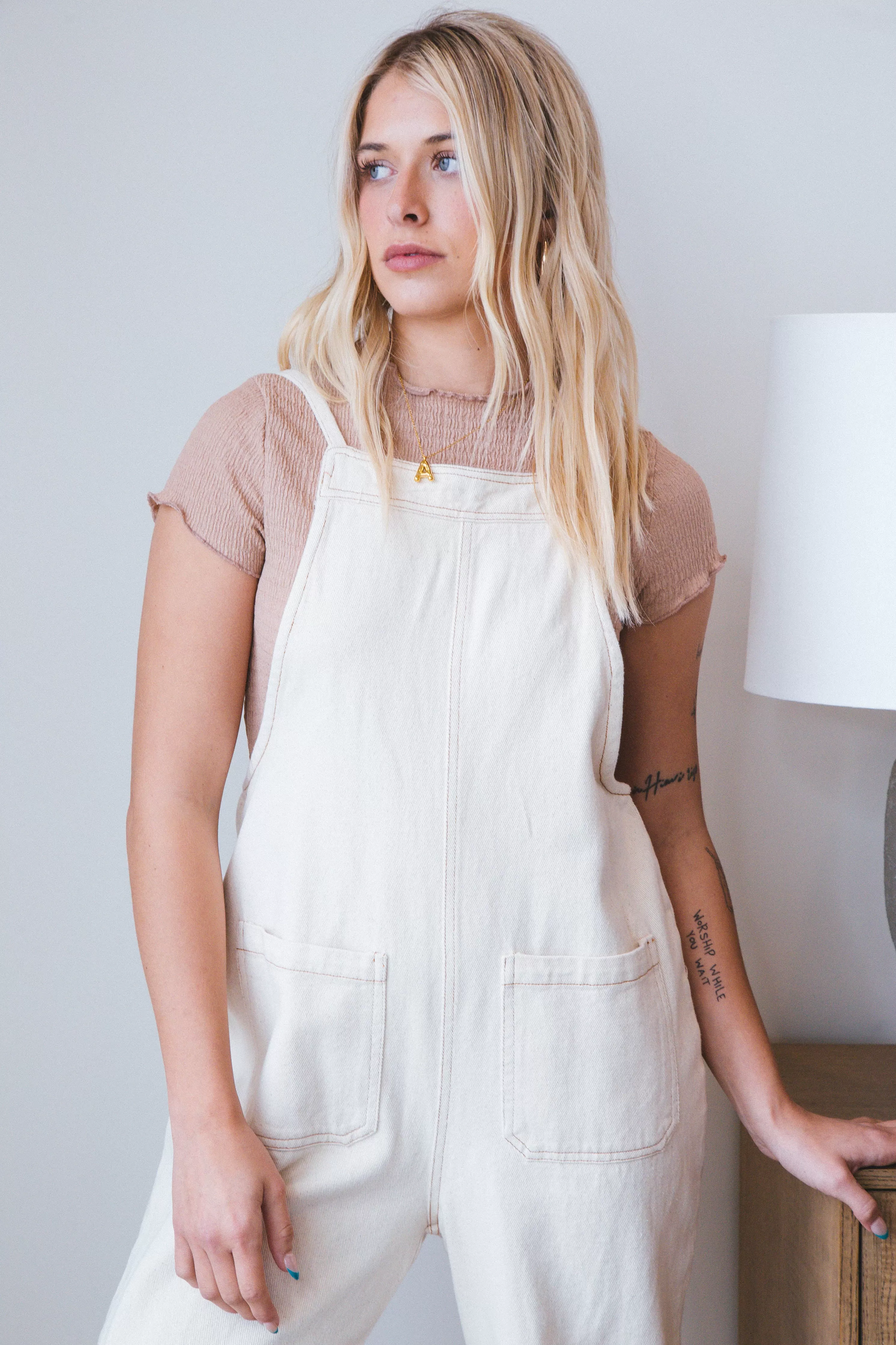 Genevieve Denim Overall Jumpsuit, Oatmeal