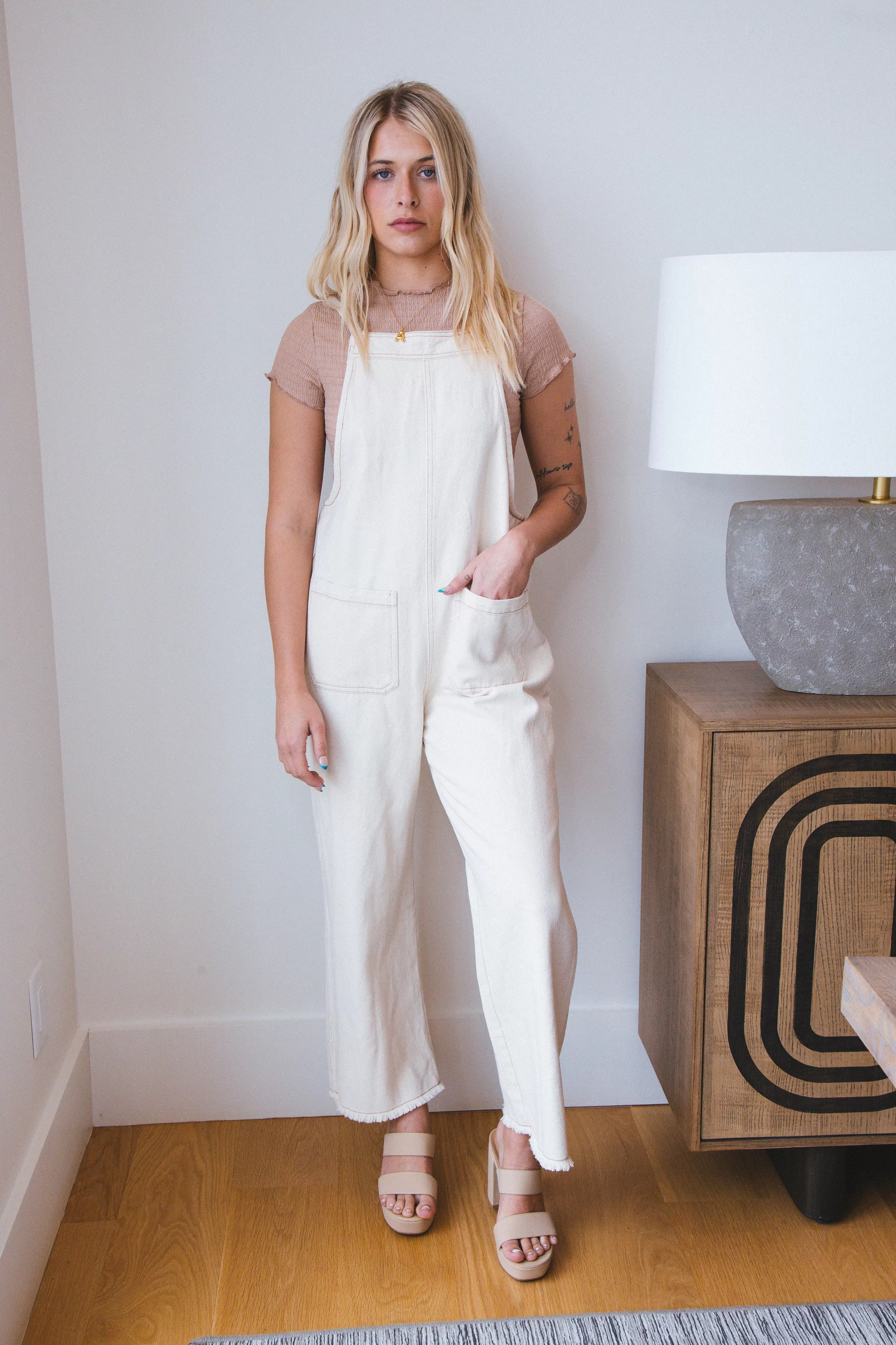 Genevieve Denim Overall Jumpsuit, Oatmeal