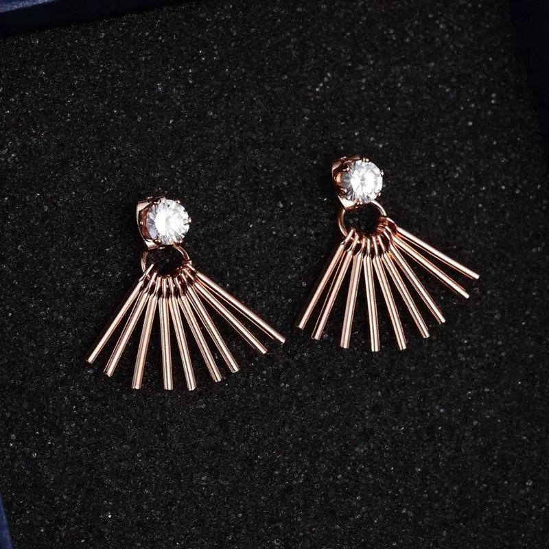 Geometric Tassel Rose Gold CZ Solitaire Ear jacket Stud Earrings