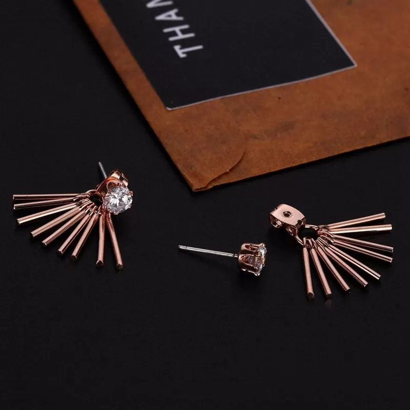 Geometric Tassel Rose Gold CZ Solitaire Ear jacket Stud Earrings