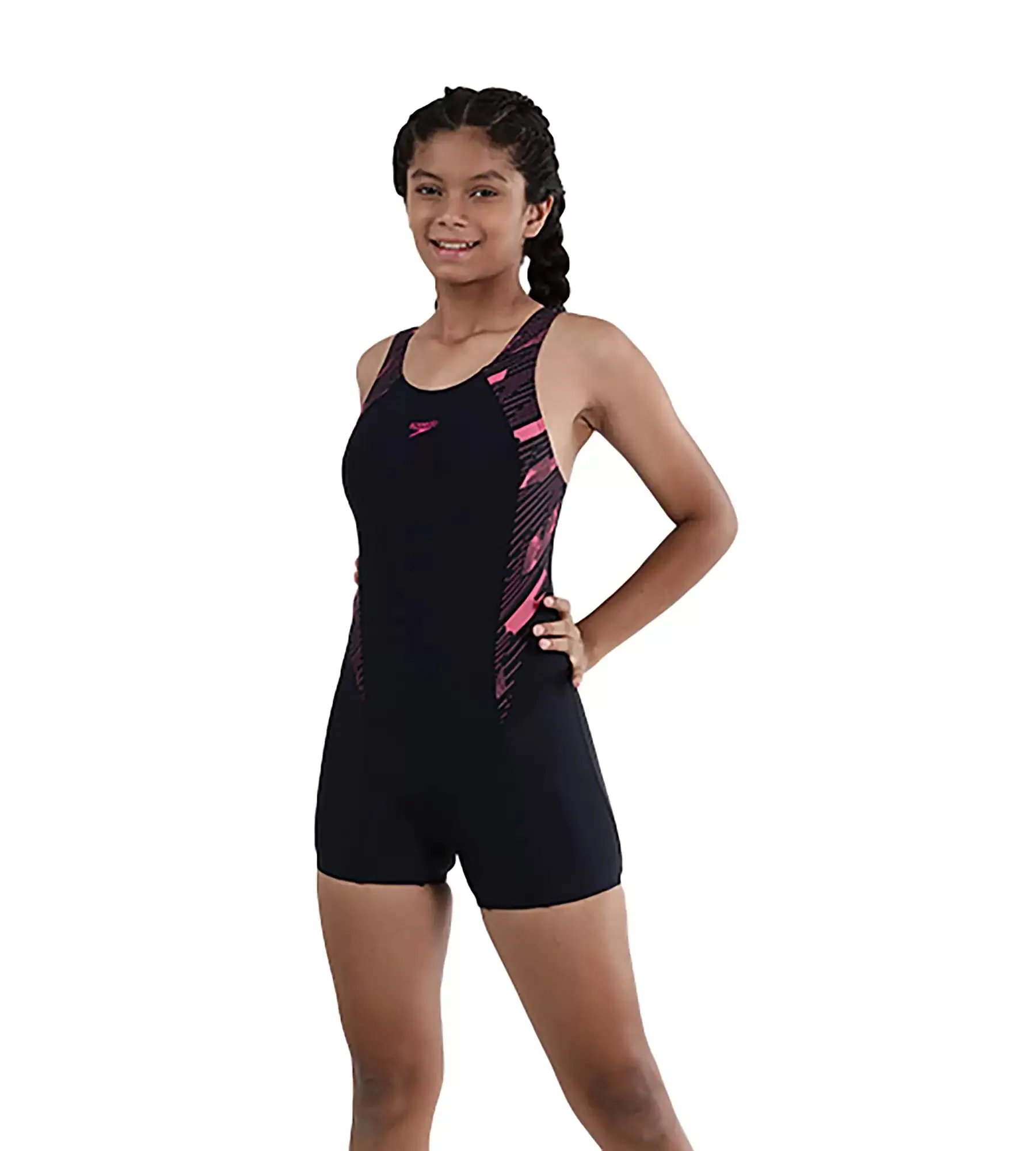 Girl's Endurance Hyperboom Splice Muscleback  Legsuit Swimwear - True Navy & Electricpink