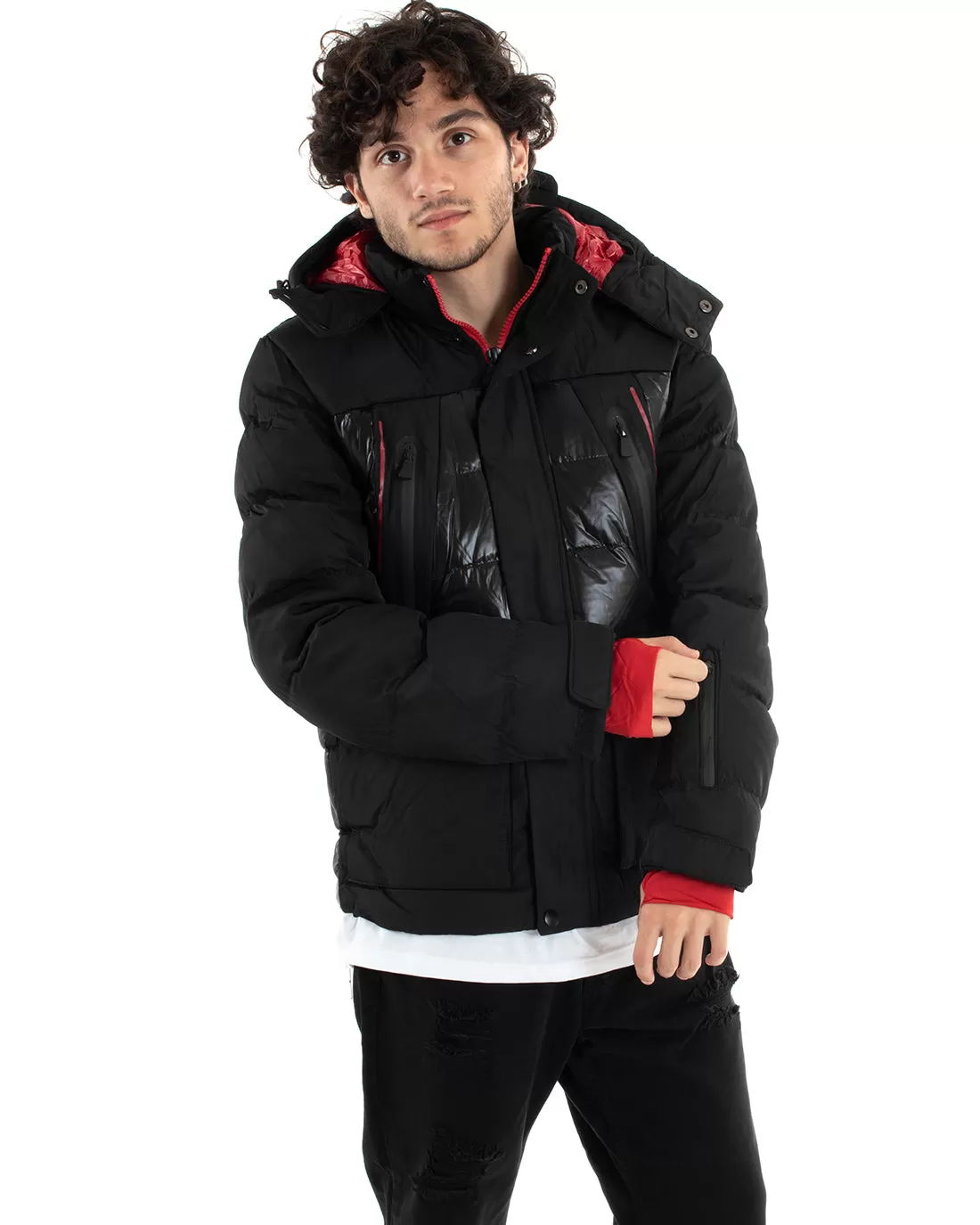 Giubbotto Uomo Bomber Nero Lucido Opaco Rosso Tinta Unita Casual GIOSAL-G3010A