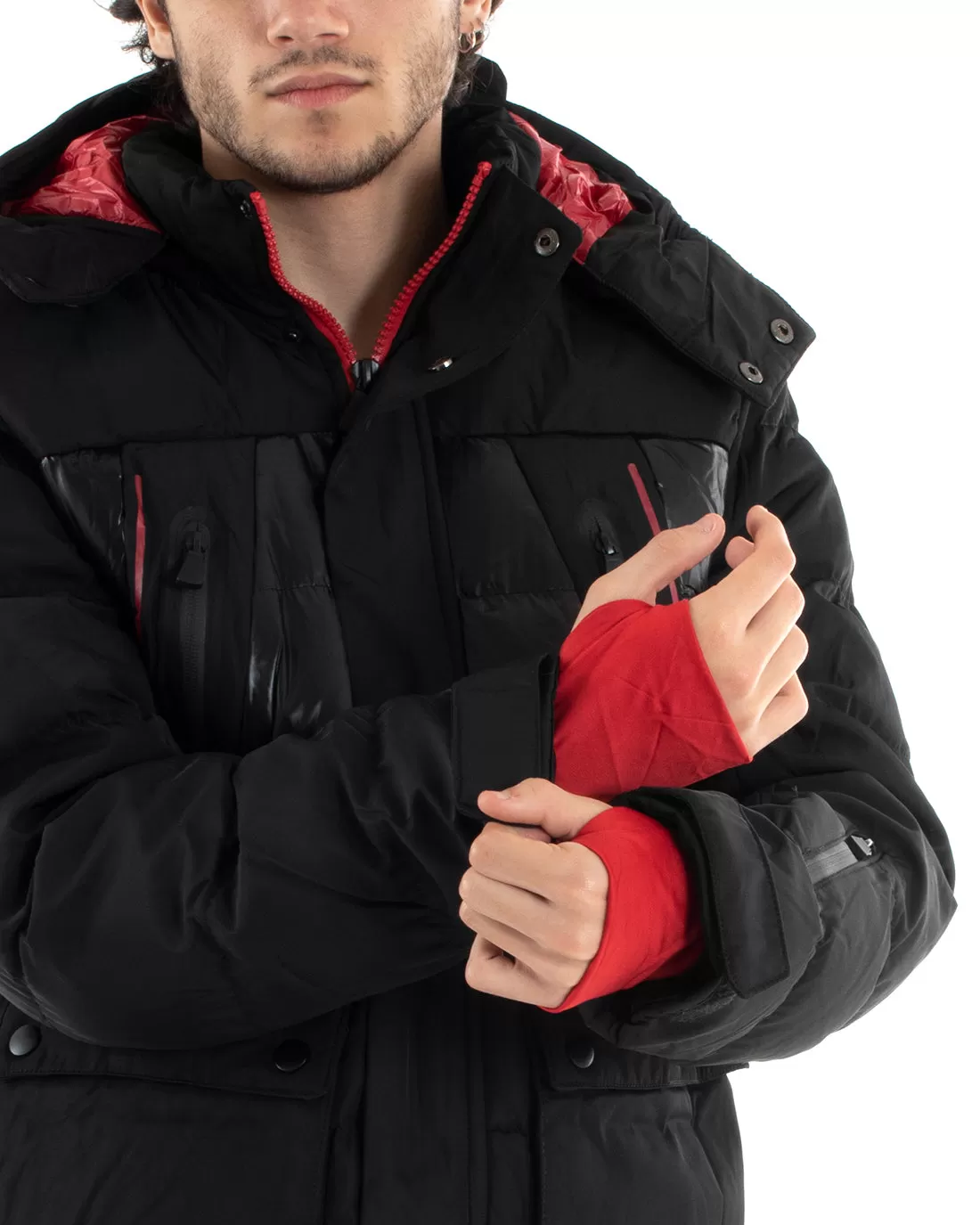 Giubbotto Uomo Bomber Nero Lucido Opaco Rosso Tinta Unita Casual GIOSAL-G3010A