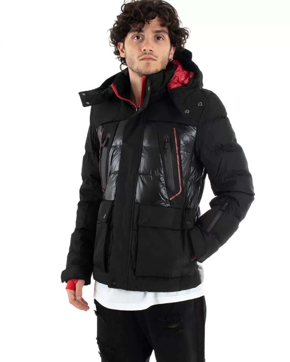 Giubbotto Uomo Bomber Nero Lucido Opaco Rosso Tinta Unita Casual GIOSAL-G3010A