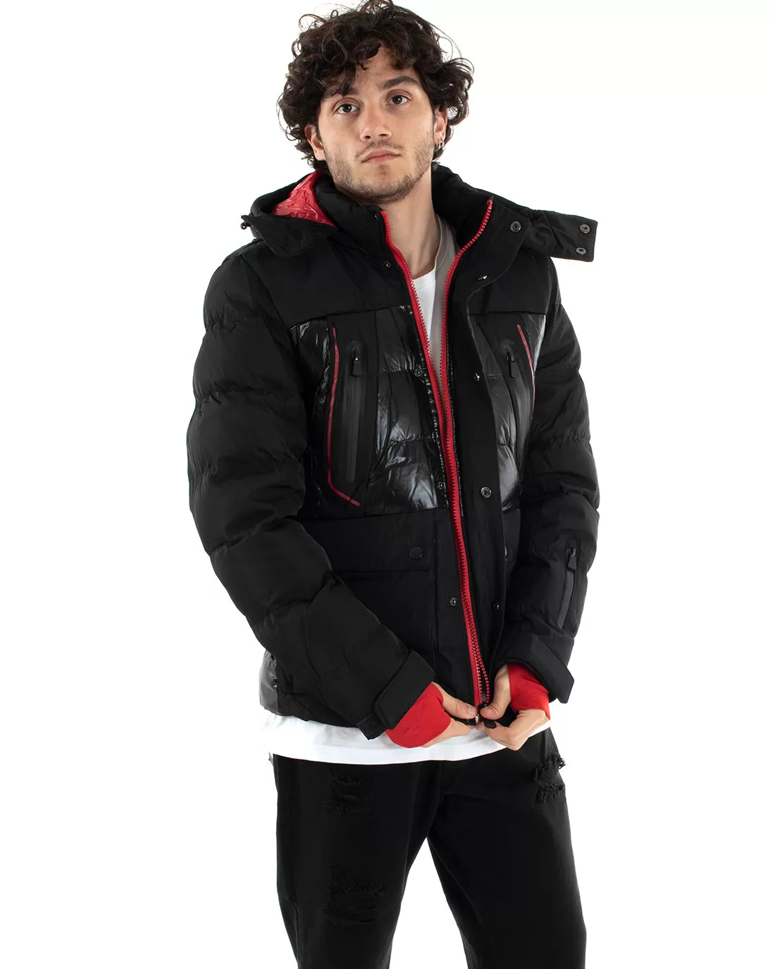 Giubbotto Uomo Bomber Nero Lucido Opaco Rosso Tinta Unita Casual GIOSAL-G3010A