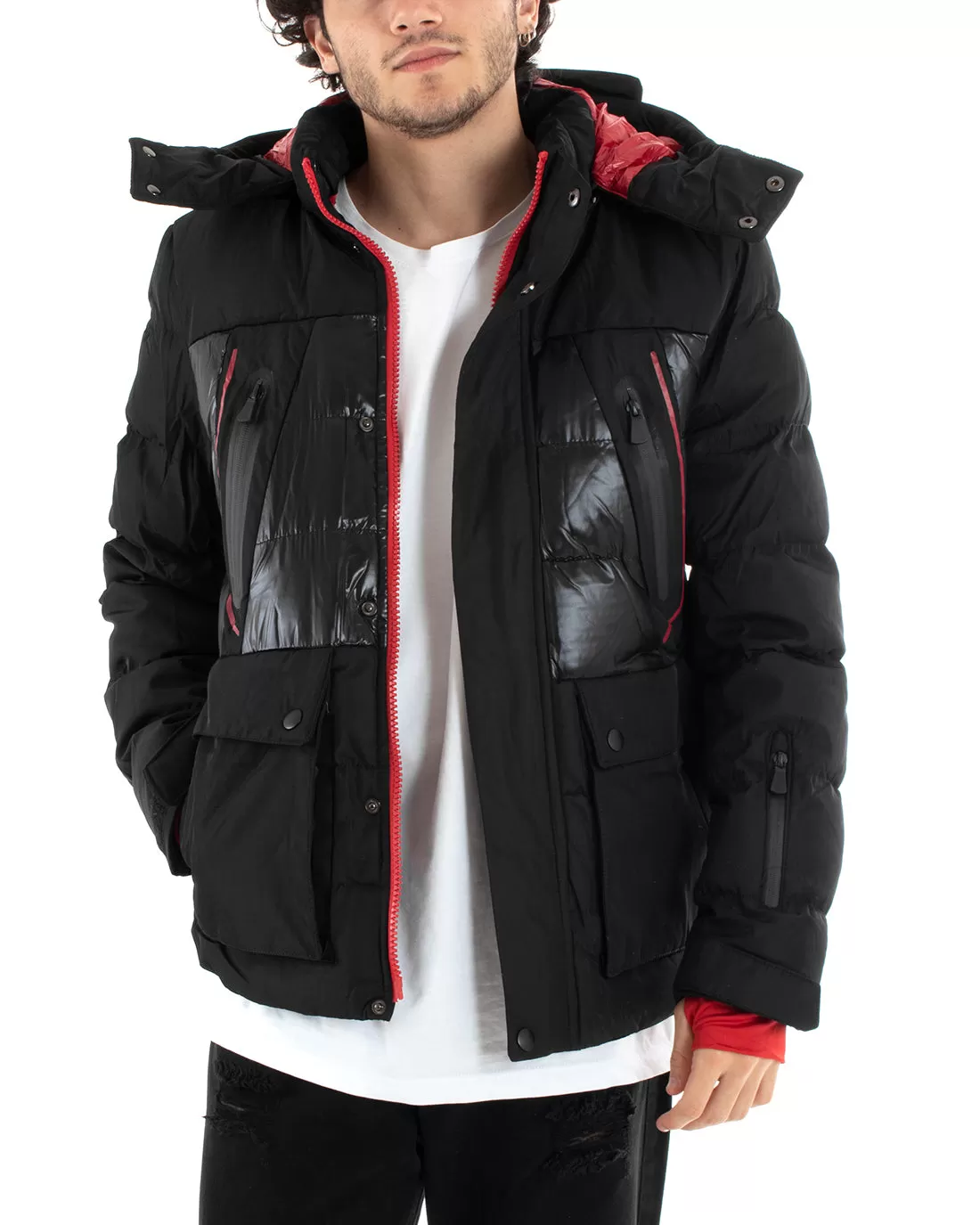 Giubbotto Uomo Bomber Nero Lucido Opaco Rosso Tinta Unita Casual GIOSAL-G3010A