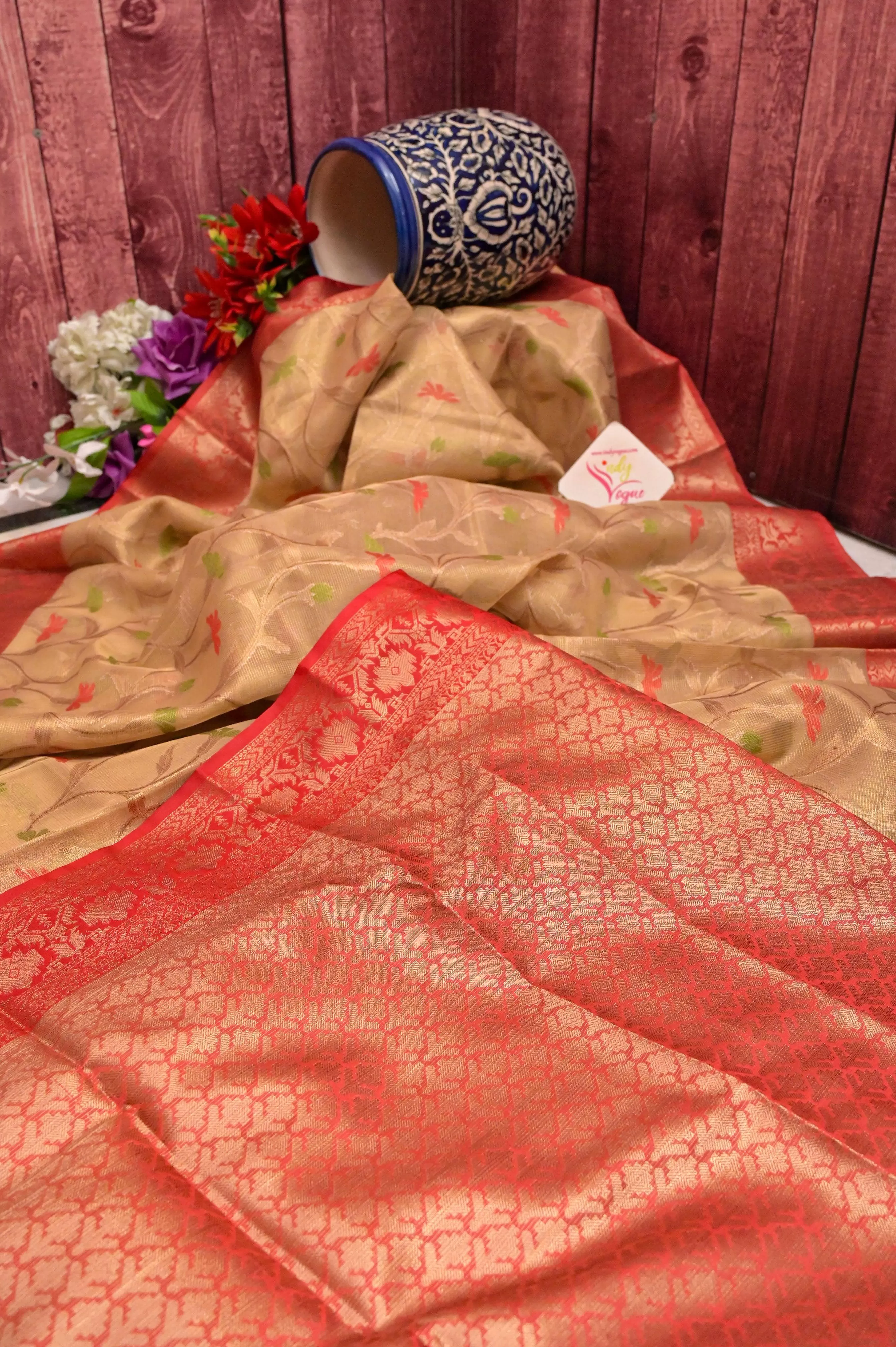 Golden and Red Color Tissue Banarasi Saree with with Allover Jaal Zari Work