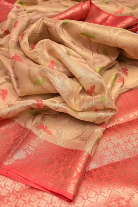 Golden and Red Color Tissue Banarasi Saree with with Allover Jaal Zari Work