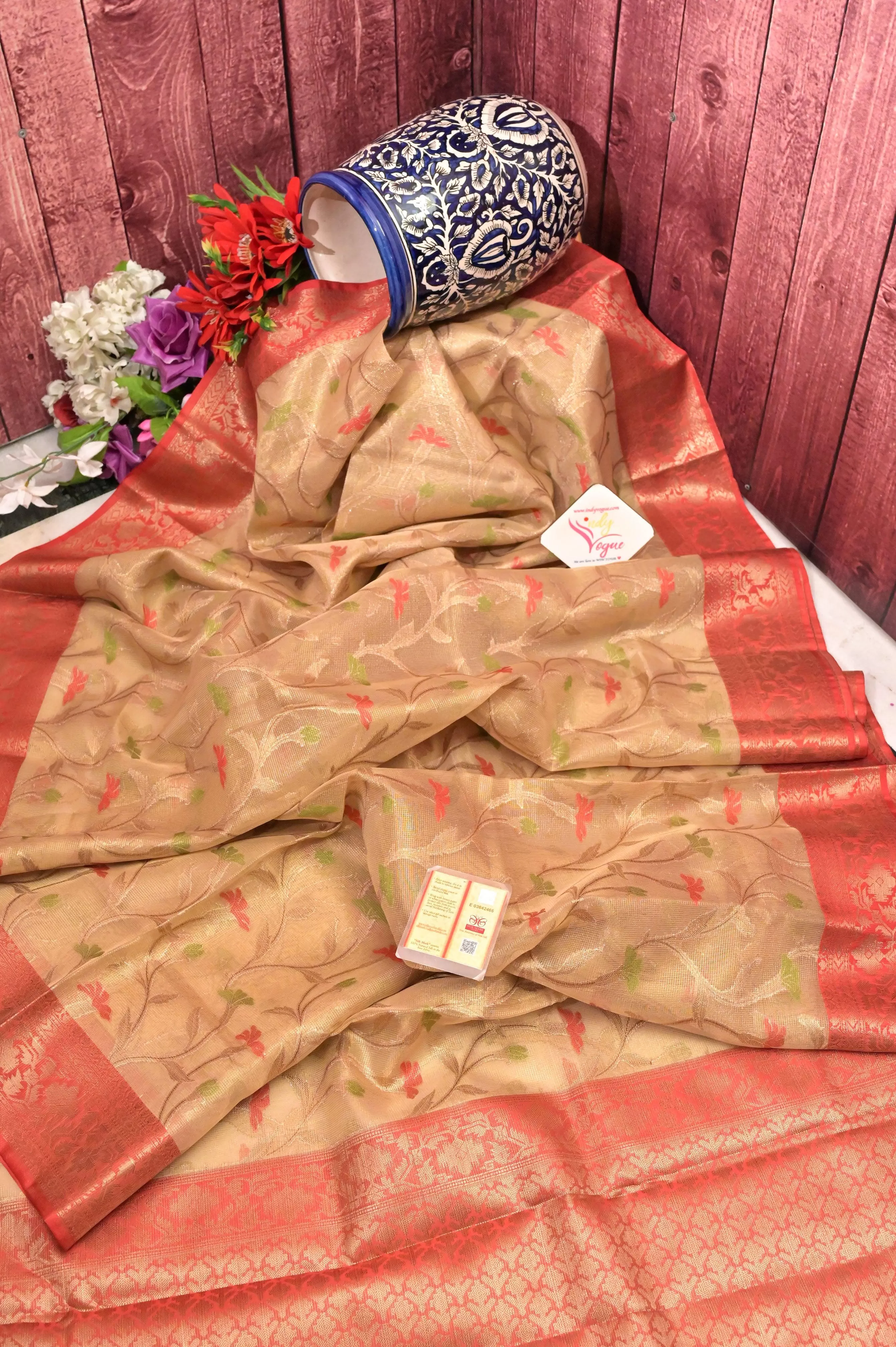 Golden and Red Color Tissue Banarasi Saree with with Allover Jaal Zari Work