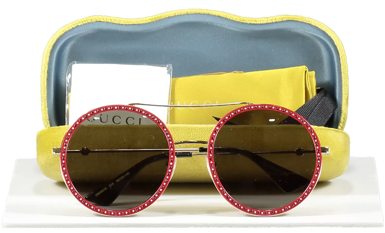 Gucci Circular Frame Red /gold Studded Sunglasses in case