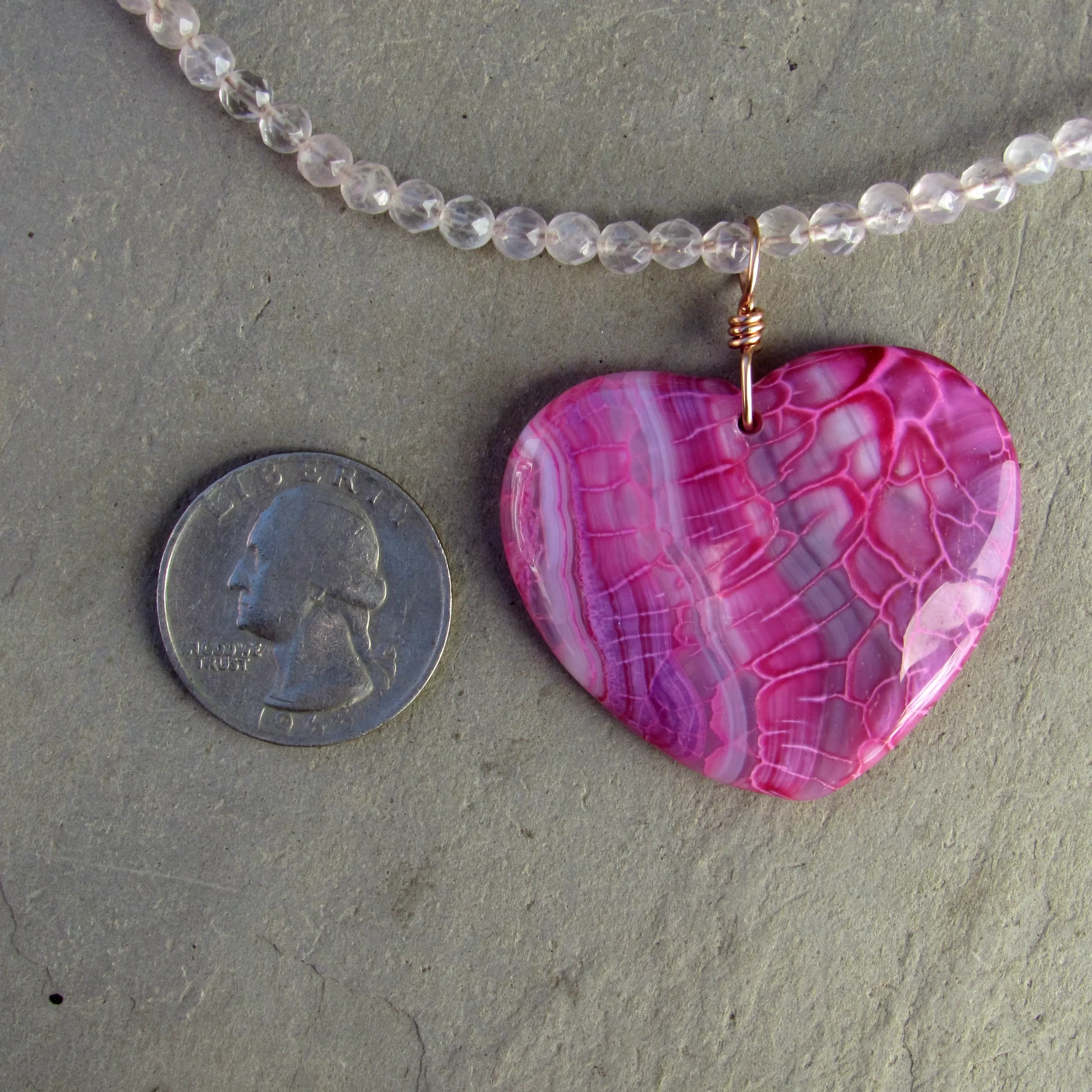 Hand Wrapped Pink Dragon’s Vein Agate Gemstone on Rose Quartz with 14 Kt Rose Gf Clasp