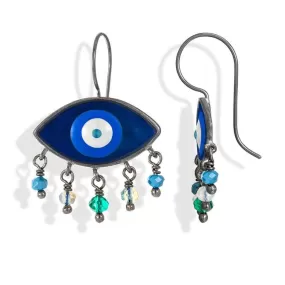 Handmade Black Plated Silver Enamel Evil Eye Earrings Navy Gray with Gemstones