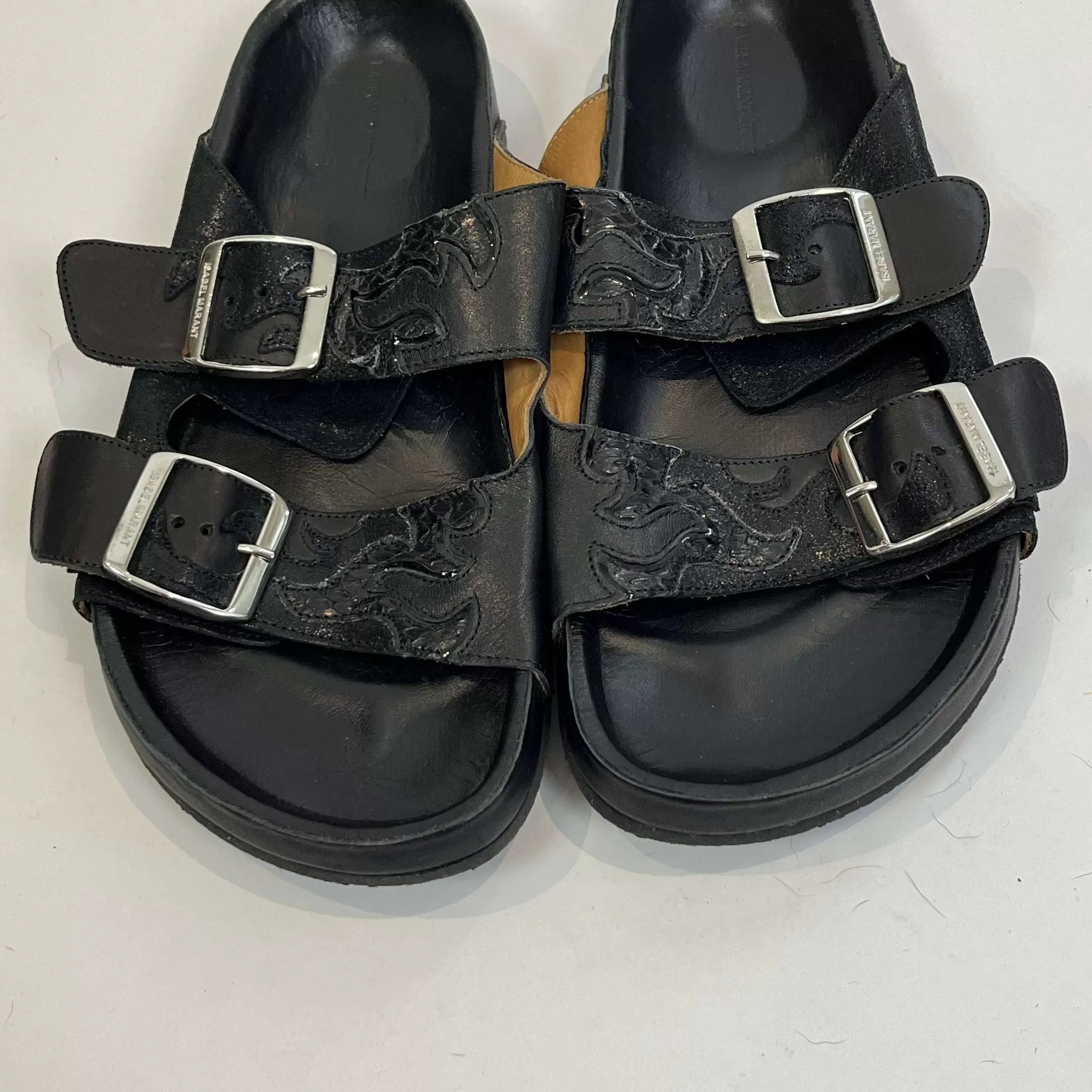 Isabel Marant Black Applique Leather Flatbed Sandals 37