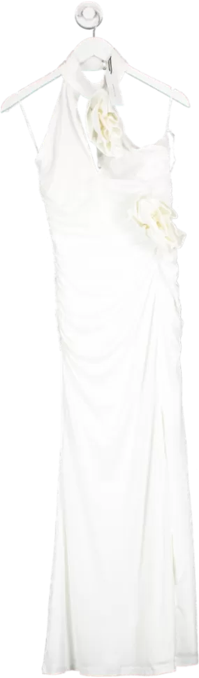 Karen Millen White Drapey Ruched Jersey Rosette Maxi Dress UK XS