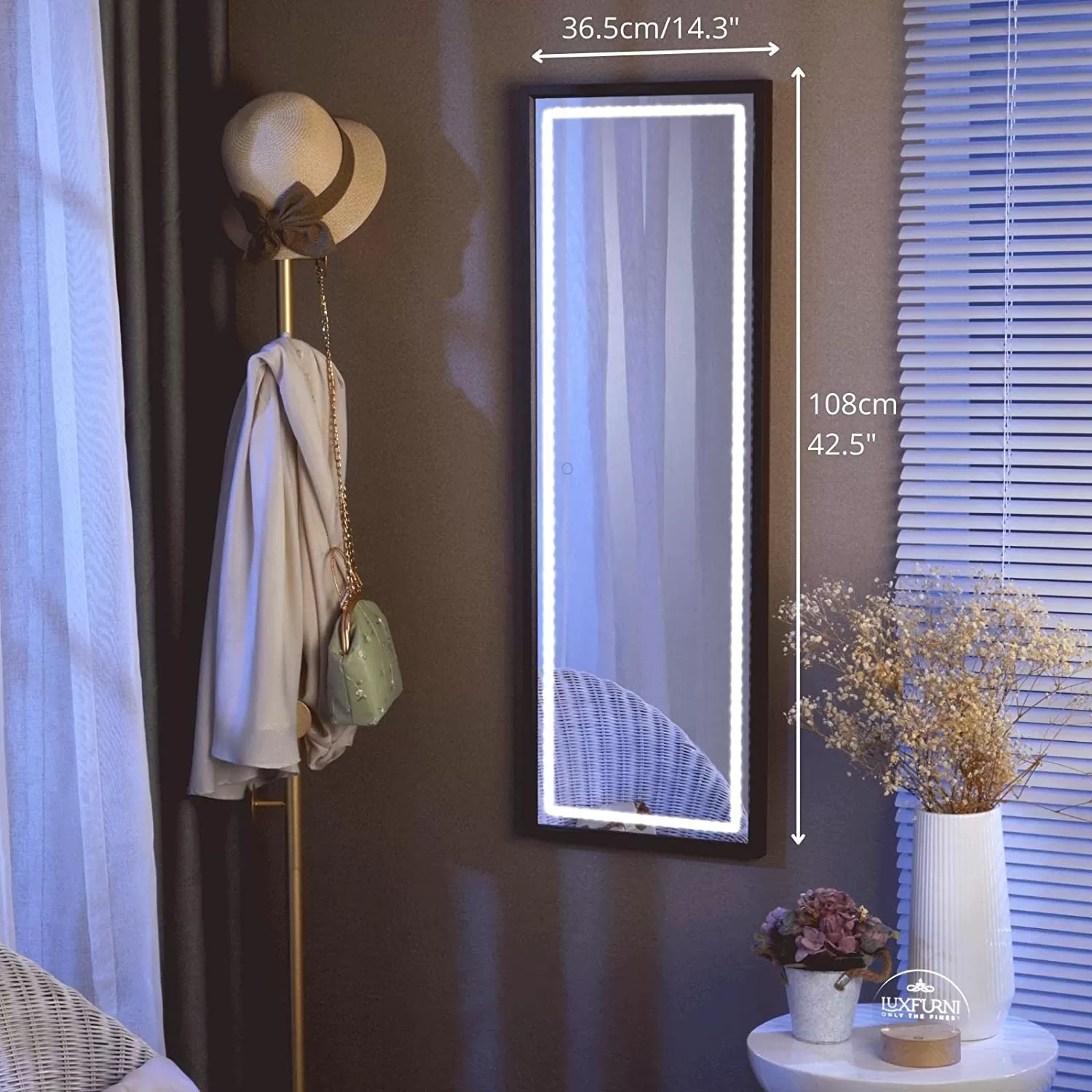 LED Full-Length Mirror with Dimmable Lighting for Bedroom or Dressing Room Brown