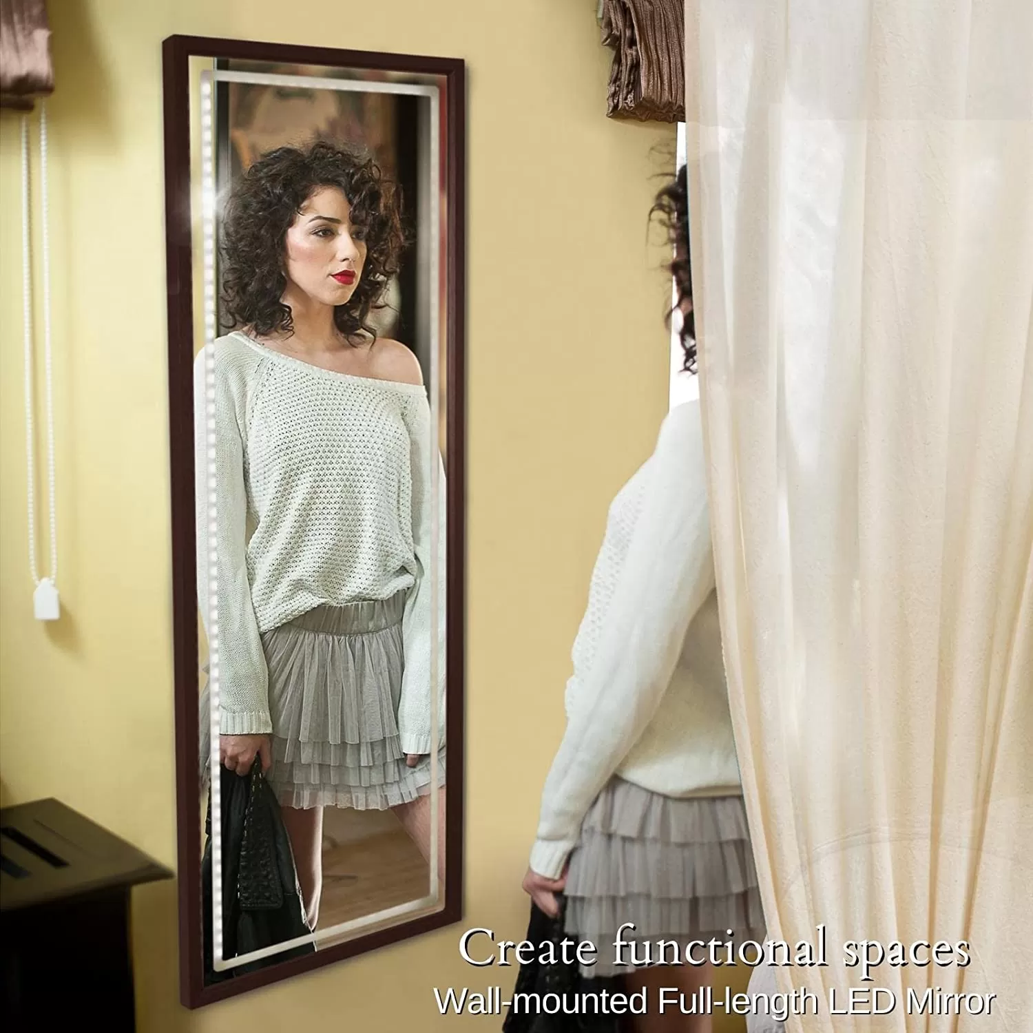 LED Full-Length Mirror with Dimmable Lighting for Bedroom or Dressing Room Brown