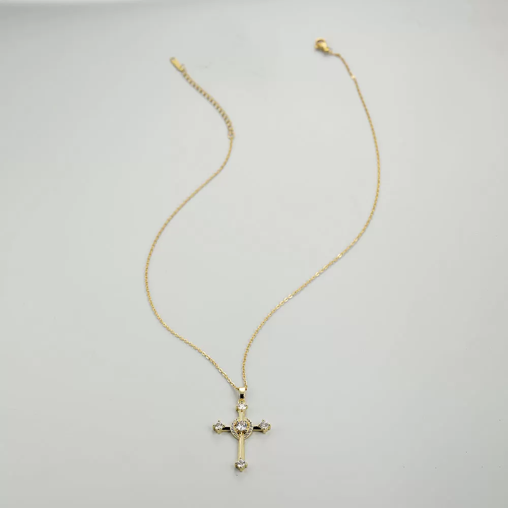 Luxury Cross Zircon Pendant Necklace, Golden Color Chain Necklaces Charm White Zircon Wedding Necklaces For Women