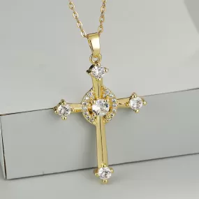 Luxury Cross Zircon Pendant Necklace, Golden Color Chain Necklaces Charm White Zircon Wedding Necklaces For Women